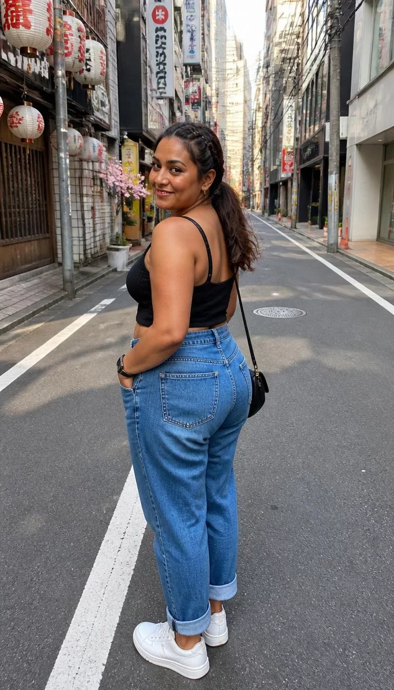 Stylish Casual Outfits on a Busy Street A photorealistic full body shot of a 39-year-old South Asian woman with a oval face, deep brown, broad nose, feathered eyebrows, and full lips. Her face features dimples, a few laugh lines, and subtle natural facial asymmetry. She has round amber eyes, soft cheekbones, closed-mouth smile, playful. She is curvy build with brown and black hair in braids and ponytails hair and is wearing a stylish casual street outfit, busy street set in an Asian city, no people in the background, high-quality mobile photography, shot on an iPhone 14.