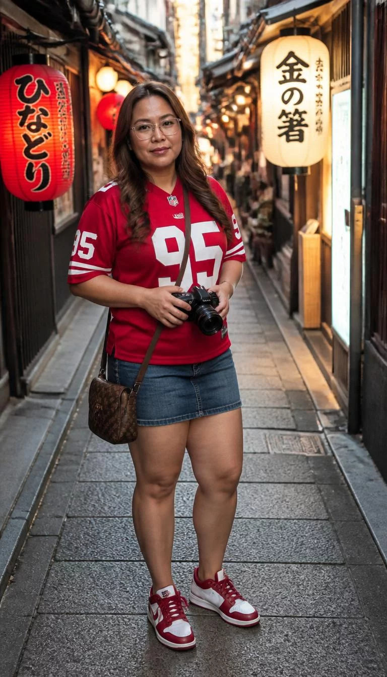 Red Jersey and Denim Skirt A photorealistic full body shot of a 40-year-old Southeast Asian woman with a square face, deep brown, straight nose, thin arched eyebrows, and heart-shaped lips. Her face features beauty mark near the lip, faint under-eye shadows, and subtle natural facial asymmetry. She has upturned green eyes, rounded cheeks, closed-mouth smile, thoughtful. She is curvy build with long chestnut-brown wavy hair and is wearing a red 95 jersey, denim skirt, and glasses, she carries a camera, standing in a narrow, lantern-lined alleyway in Japan, no people in the background, high-quality mobile photography, shot on an iPhone 14.