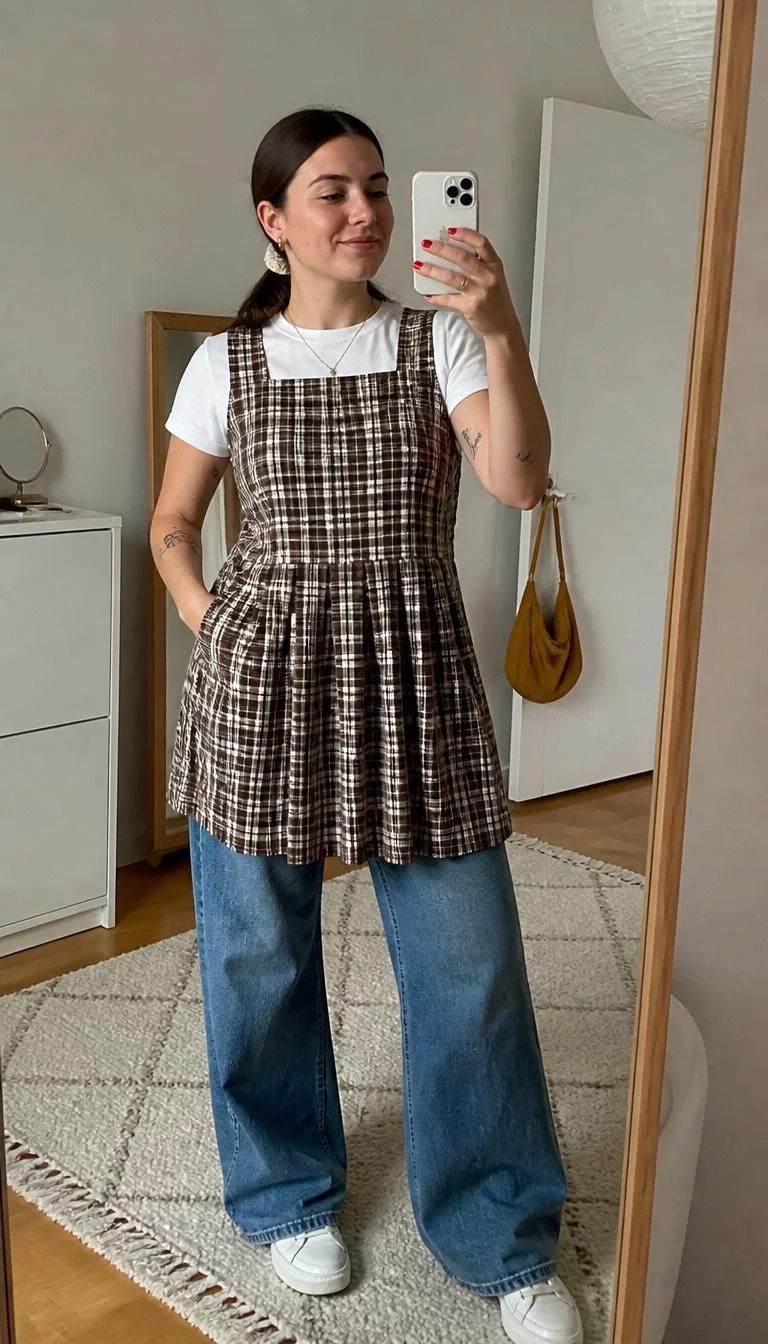 Plaid Pinafore and White Tee with Jeans A photorealistic full body shot of a 26-year-old Northern European woman with a round face, olive, rounded nose, straight eyebrows, and full lips. Her face features beauty mark near the lip, a few laugh lines, and subtle natural facial asymmetry. She has monolid green eyes, pronounced cheekbones, closed-mouth smile, relaxed. She is petite with dark brown hair in a low ponytail with a scrunchie hair and is wearing a plaid pinafore over a white tee and jeans, taking a mirror selfie in a room, no people in the background, high-quality mobile photography, shot on an iPhone 14.