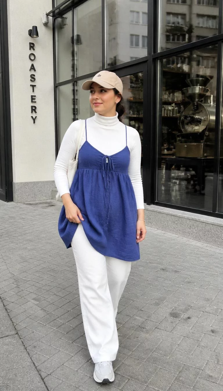 White Turtleneck and Layered Blue Dress with Pants A photorealistic full body shot of a 28-year-old Eastern European woman with a pear-shaped face, golden brown, button nose, straight eyebrows, and heart-shaped lips. Her face features slightly crooked smile, a few laugh lines, and subtle natural facial asymmetry. She has monolid gray eyes, pronounced cheekbones, closed-mouth smile, cheerful. She is curvy build with dark hair in a ponytail hair and is wearing a beige cap, white turtleneck, blue layered dress, and white pants, walking outdoors in front of a glass-windowed coffee roastery, no people in the background, high-quality mobile photography, shot on an iPhone 14.