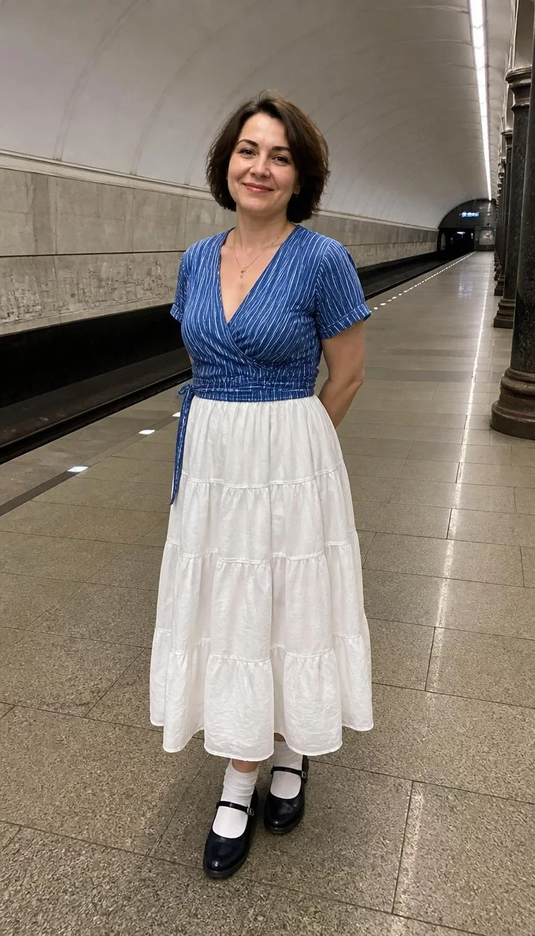 Blue Striped Wrap Top and White Tiered Midi Skirt A photorealistic full body shot of a 45-year-old Eastern European woman with a oblong face, golden brown, upturned nose, thick natural eyebrows, and heart-shaped lips. Her face features slightly crooked smile, slightly flushed cheeks, and subtle natural facial asymmetry. She has deep-set gray eyes, rounded cheeks, broad smile, playful. She is average build with dark brown chin-length messy hair and is wearing a blue striped wrap top, white tiered midi skirt, white socks, and dark Mary Janes, standing on a subway station platform, no people in the background, high-quality mobile photography, shot on an iPhone 14.