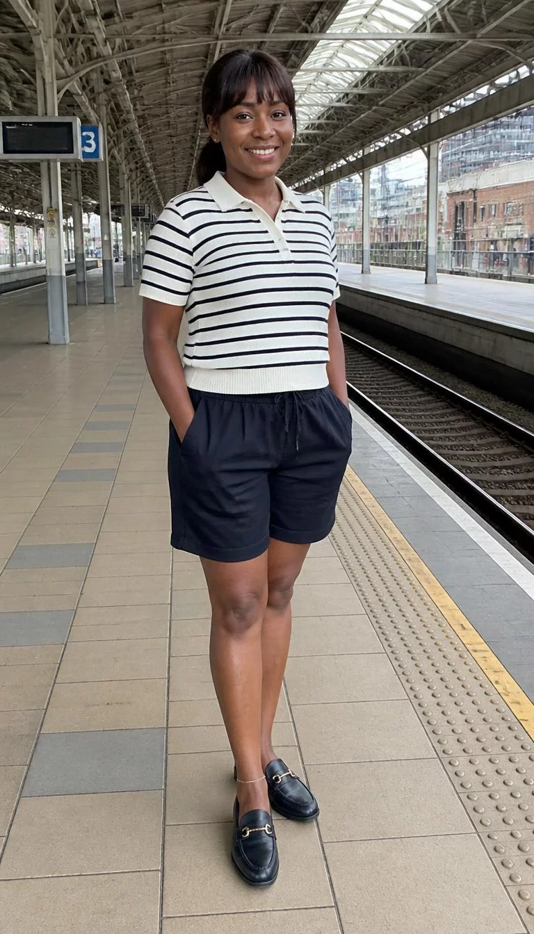 Striped Polo and Loose Shorts with Loafers A photorealistic full body shot of a 37-year-old Black African woman with a pear-shaped face, light, button nose, thick natural eyebrows, and full lips. Her face features widow's peak hairline, subtle acne marks, and subtle natural facial asymmetry. She has round dark brown eyes, rounded cheeks, broad smile, cheerful. She is petite with dark brown hair in a low ponytail and bangs hair and is wearing a striped polo, loose shorts, and loafers, standing at a train station platform, no people in the background, high-quality mobile photography, shot on an iPhone 14.