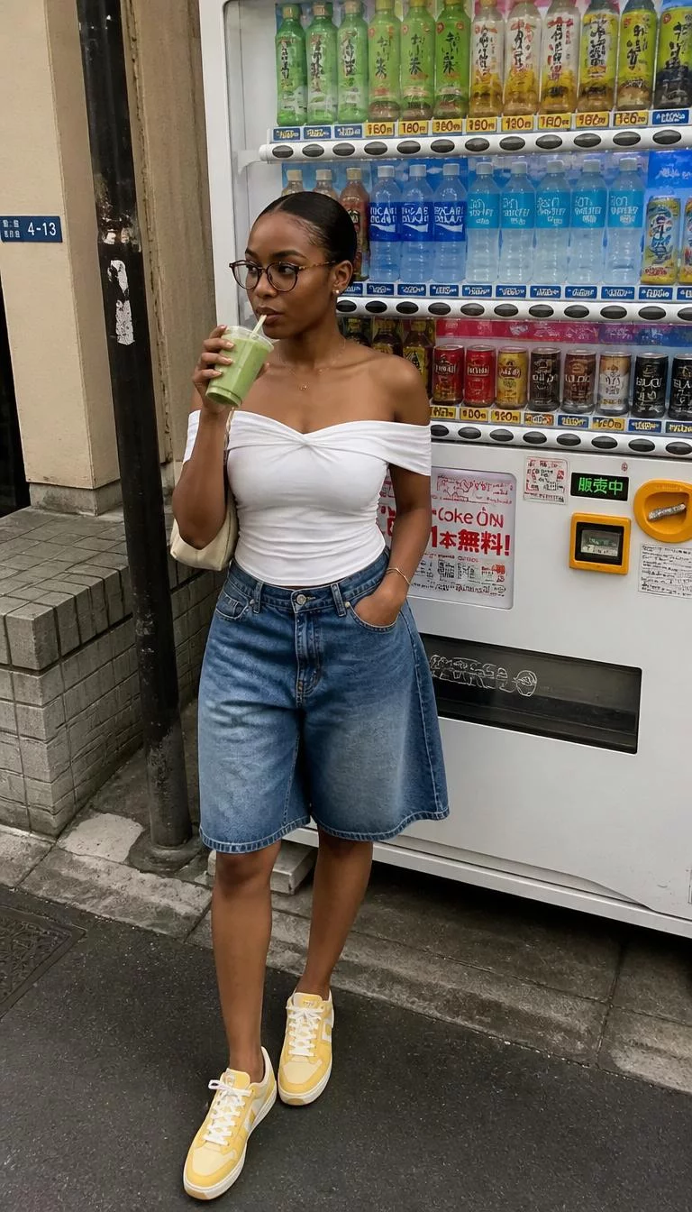 Off-Shoulder Top and Denim Bermuda Shorts A photorealistic full body shot of a 29-year-old Black African woman with a pear-shaped face, dark brown, narrow nose, thick natural eyebrows, and wide lips. Her face features widow's peak hairline, slightly flushed cheeks, and subtle natural facial asymmetry. She has downturned brown eyes, soft cheekbones, subtle smile, confident. She is petite with brunette hair in a sleek low bun hair and is wearing a white off-shoulder top, denim bermuda shorts, yellow sneakers, and glasses, she drinks matcha, in front of a Tokyo vending machine, no people in the background, high-quality mobile photography, shot on an iPhone 14.