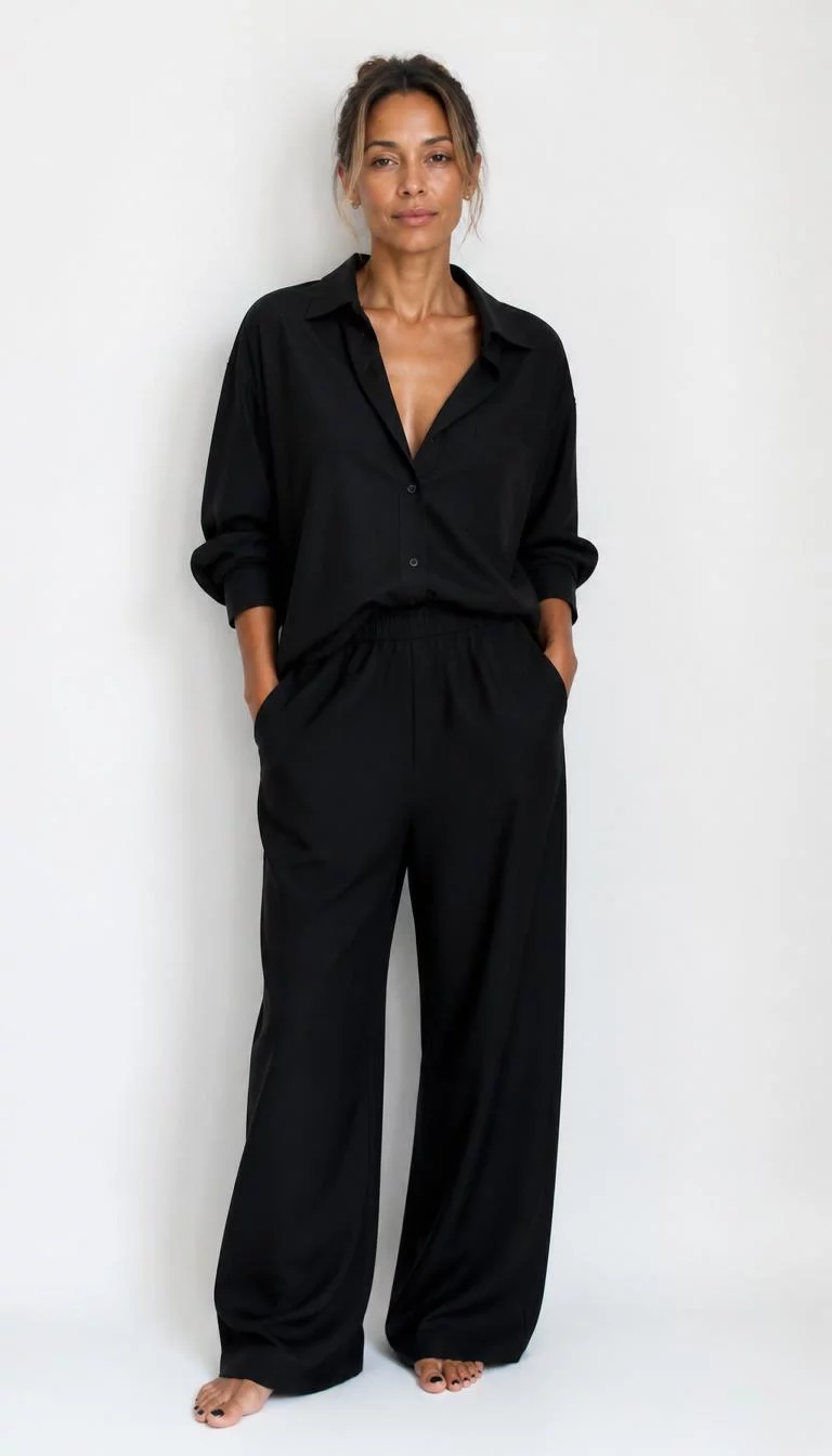 Minimalist Monochromatic Oversized Outfits A photorealistic full body shot of a 41-year-old Mixed-race woman with a diamond face, olive, narrow nose, thick natural eyebrows, and full lips. Her face features faint freckles across the nose, subtle acne marks, and subtle natural facial asymmetry. She has deep-set dark brown eyes, high cheekbones, subtle smile, relaxed. She is athletic build with brown, black, and blonde hair in sleek buns or loose styles hair and is wearing minimalist, monochromatic, oversized outfits, plain white background, no people in the background, high-quality mobile photography, shot on an iPhone 14.