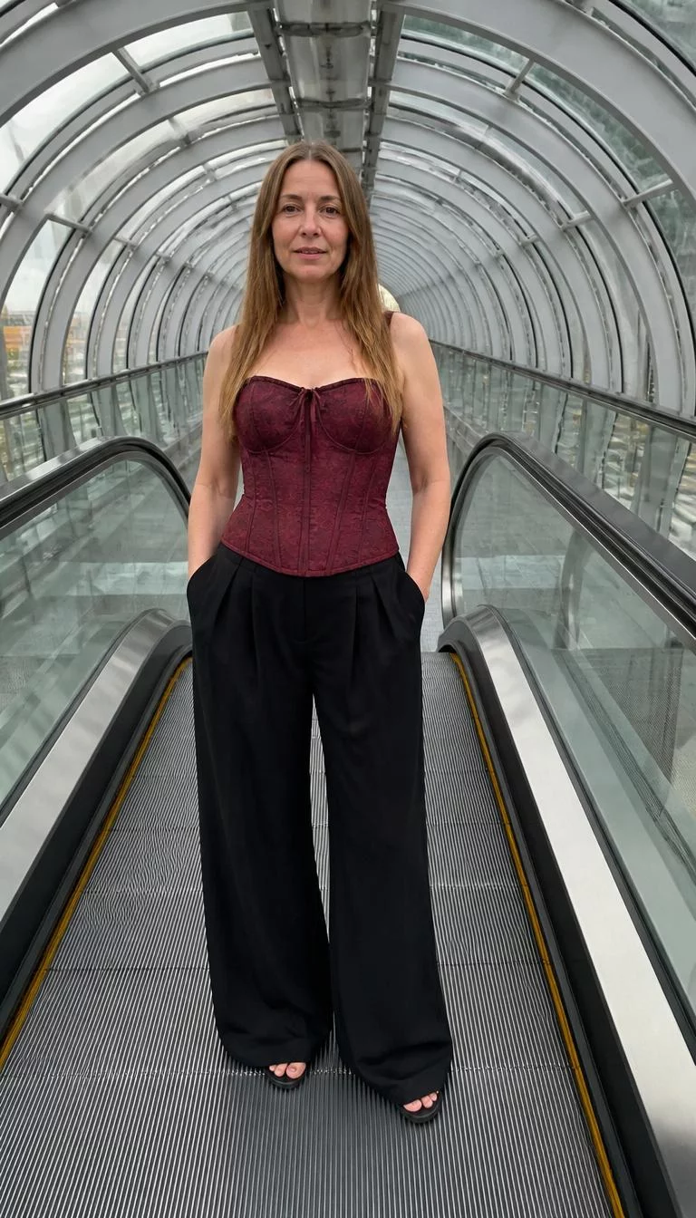 Dark Red Corset Top and Wide Leg Trousers A photorealistic full body shot of a 48-year-old Northern European woman with a oval face, fair, straight nose, feathered eyebrows, and full lips. Her face features gap between front teeth, faint under-eye shadows, and subtle natural facial asymmetry. She has monolid amber eyes, pronounced cheekbones, neutral expression, relaxed. She is slim with straight light brown hair hair and is wearing a dark red corset top and black wide-leg trousers, standing on a modern, circular-arched pedestrian escalator bridge, no people in the background, high-quality mobile photography, shot on an iPhone 14.
