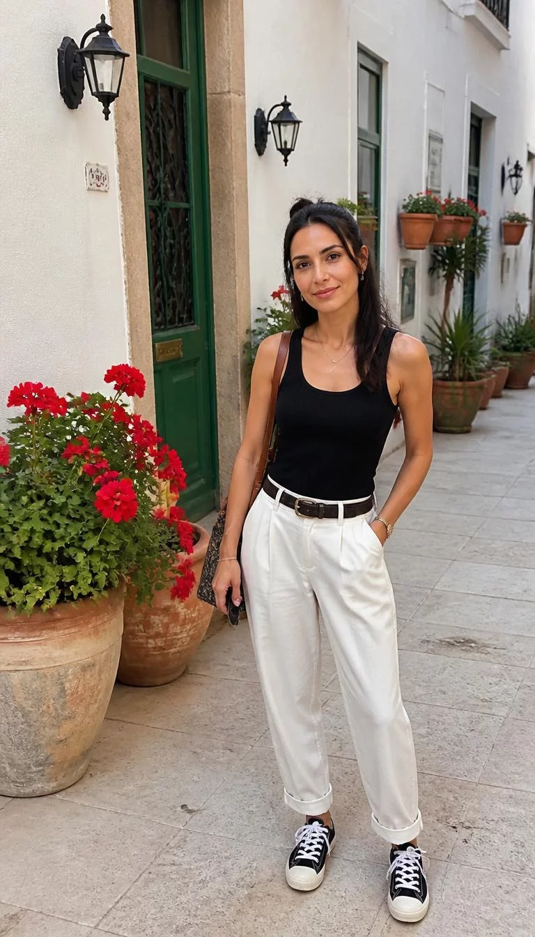 Contemporary Casual Chic with Dark Hair Layers A photorealistic full body shot of a 36-year-old Mediterranean woman with a diamond face, olive, upturned nose, thin arched eyebrows, and heart-shaped lips. Her face features uneven eyebrows, subtle acne marks, and subtle natural facial asymmetry. She has almond-shaped dark brown eyes, soft cheekbones, closed-mouth smile, relaxed. She is petite with dark straight hair in loose layers, ponytails, and braids hair and is wearing contemporary casual chic fashion, vibrant urban travel background, no people in the background, high-quality mobile photography, shot on an iPhone 14.