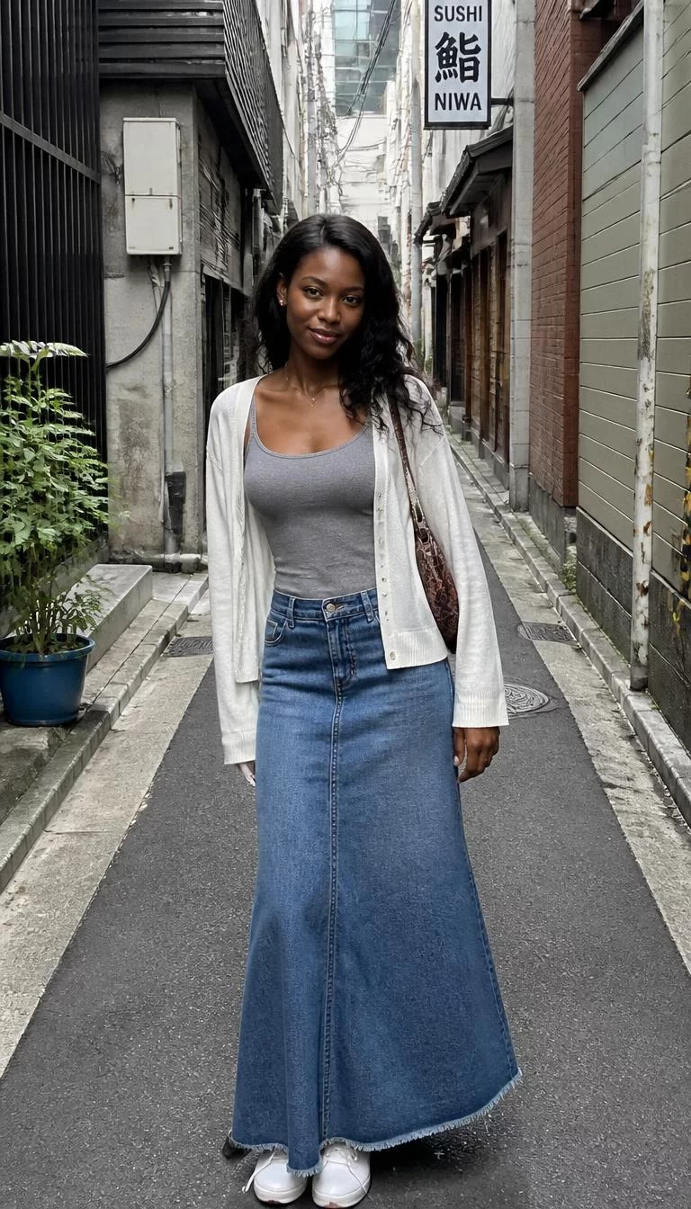 Grey Tank Top and White Cardigan with Long Denim Skirt A photorealistic full body shot of a 24-year-old Black African woman with a diamond face, fair, button nose, straight eyebrows, and thin lips. Her face features faint freckles across the nose, a few laugh lines, and subtle natural facial asymmetry. She has hooded hazel eyes, pronounced cheekbones, closed-mouth smile, thoughtful. She is athletic build with long black wavy hair and is wearing a grey tank top under a white cardigan, a long denim skirt, and carries a handbag, standing in a Japanese urban alley, no people in the background, high-quality mobile photography, shot on an iPhone 14.