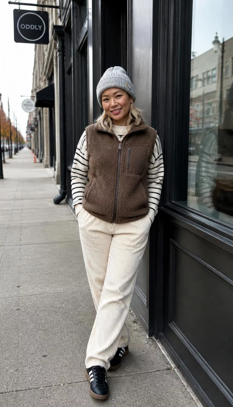 A photorealistic full body shot of a 42-year-old Southeast Asian woman with a oval face, dark brown, button nose, feathered eyebrows, and wide lips. Her face features small scar on the eyebrow, light freckles, and subtle natural facial asymmetry. She has round gray eyes, pronounced cheekbones, broad smile, playful. She is petite with blonde hair wearing a grey beanie and is wearing a brown fleece vest over a striped sweater, and cream corduroy trousers, posing near a storefront on a city sidewalk, no people in the background, high-quality mobile photography, shot on an iPhone 14.