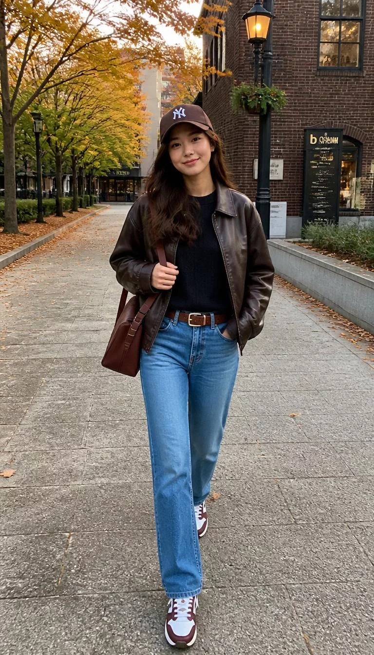 A photorealistic full body shot of a 24-year-old East Asian woman with a pear-shaped face, olive, button nose, straight eyebrows, and thin lips. Her face features faint freckles across the nose, faint under-eye shadows, and subtle natural facial asymmetry. She has almond-shaped dark brown eyes, soft cheekbones, subtle smile, cheerful. She is slim with brown hair in a natural style and is wearing a brown leather jacket, dark sweater, brown baseball cap, blue jeans, brown belt, brown leather bag, and maroon and white sneakers, fall-themed setting, no people in the background, high-quality mobile photography, shot on an iPhone 14.