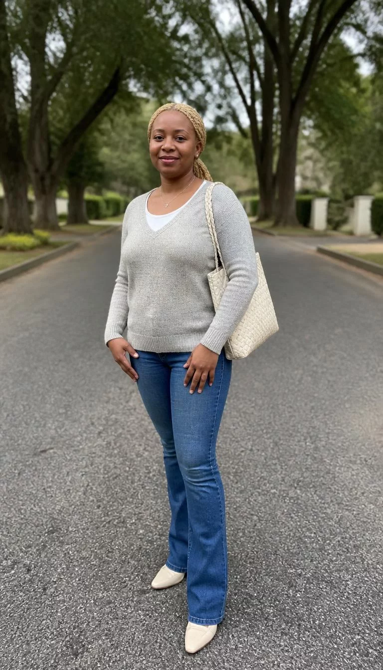 A photorealistic full body shot of a 38-year-old Black African woman with a round face, light, upturned nose, feathered eyebrows, and wide lips. Her face features dimples, slightly flushed cheeks, and subtle natural facial asymmetry. She has hooded dark brown eyes, rounded cheeks, closed-mouth smile, relaxed. She is slim with blonde hair in a low braided ponytail and is wearing a grey sweater over a white top, blue jeans, and beige tote bag, on a tree-lined street, no people in the background, high-quality mobile photography, shot on an iPhone 14.
