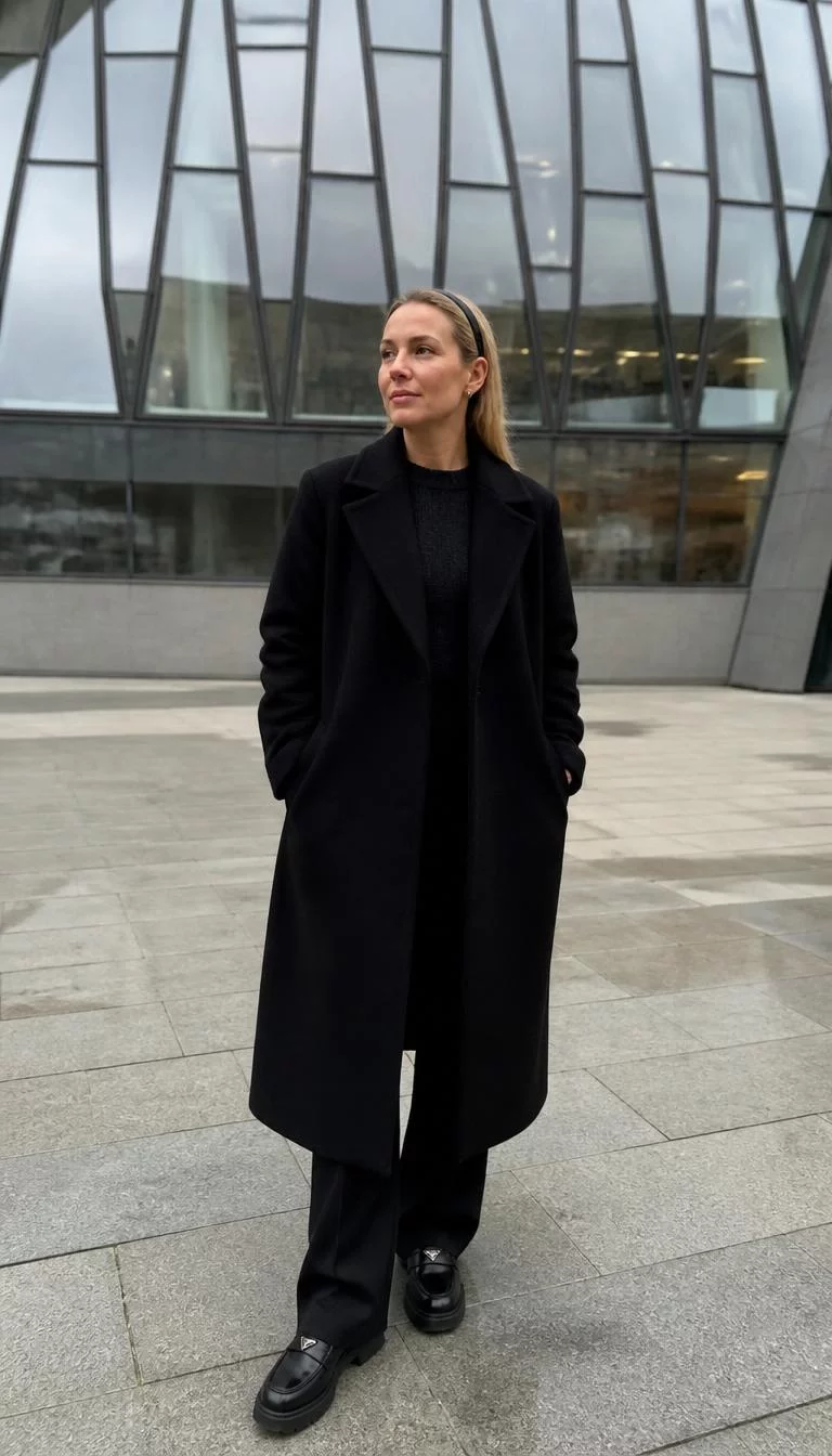 A photorealistic full body shot of a 41-year-old Eastern European woman with a oblong face, fair, upturned nose, straight eyebrows, and heart-shaped lips. Her face features uneven eyebrows, slightly flushed cheeks, and subtle natural facial asymmetry. She has monolid blue eyes, pronounced cheekbones, neutral expression, confident. She is petite with blonde hair styled with a headband and is wearing a dark sweater and long black coat, standing outside a modern building with a glass-paneled geometric facade, no people in the background, high-quality mobile photography, shot on an iPhone 14.