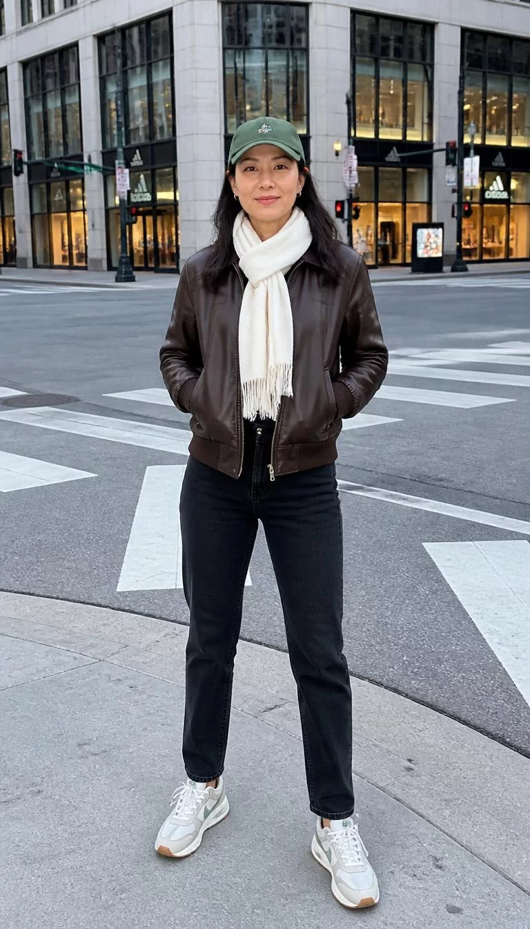 A photorealistic full body shot of a 42-year-old East Asian woman with a square face, fair, straight nose, softly curved eyebrows, and wide lips. Her face features faint freckles across the nose, light freckles, and subtle natural facial asymmetry. She has round amber eyes, rounded cheeks, broad smile, confident. She is slim with dark hair wearing a green baseball cap and is wearing a brown leather bomber jacket, white scarf, black jeans, and sneakers, on a busy city street intersection, no people in the background, high-quality mobile photography, shot on an iPhone 14.