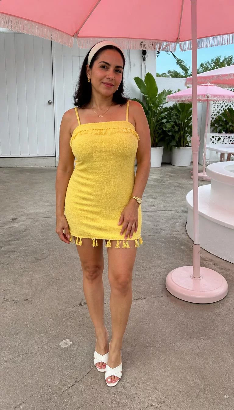 A photorealistic full body shot of a 45-year-old Latina woman with a diamond face, light, aquiline nose, feathered eyebrows, and full lips. Her face features slightly crooked smile, light freckles, and subtle natural facial asymmetry. She has almond-shaped brown eyes, high cheekbones, broad smile, relaxed. She is average build with dark shoulder-length hair and a white headband hair and is wearing a yellow terry cloth mini dress with fringe detailing, White Retro Mule Sandals, outdoors with pink umbrellas, no people in the background, high-quality mobile photography, shot on an iPhone 14.