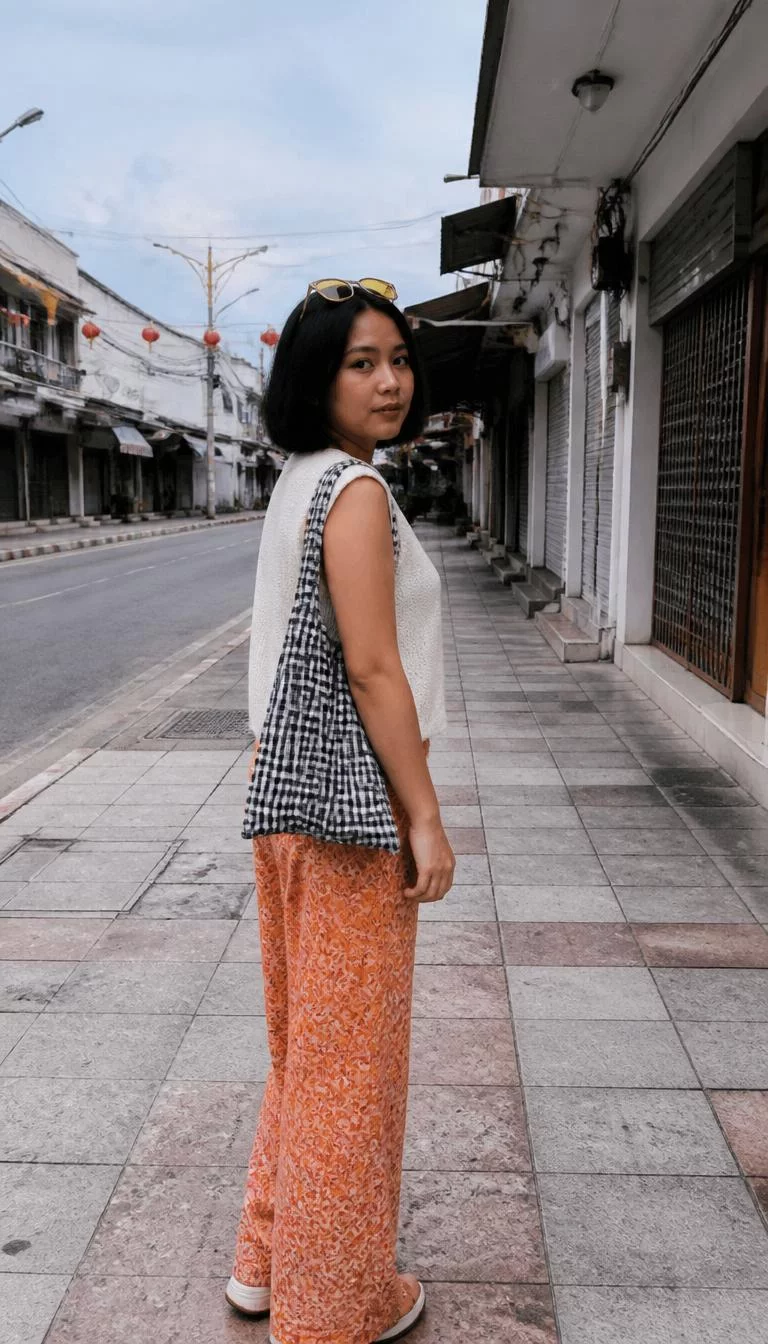 A photorealistic full body shot of a 29-year-old Southeast Asian woman with a round face, olive, rounded nose, straight eyebrows, and heart-shaped lips. Her face features uneven eyebrows, visible pores, and subtle natural facial asymmetry. She has almond-shaped amber eyes, pronounced cheekbones, neutral expression, cheerful. She is athletic build with short dark hair and yellow glasses hair and is wearing a cream knitted vest, orange patterned trousers, and carries a black and white checkered bag, city street, no people in the background, high-quality mobile photography, shot on an iPhone 14.
