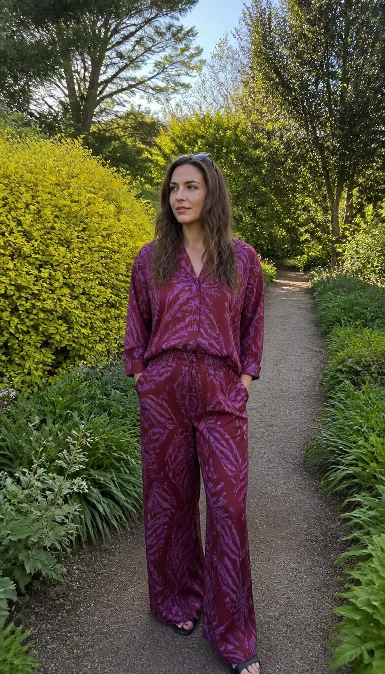 A photorealistic full body shot of a 34-year-old Northern European woman with a oval face, deep brown, straight nose, softly curved eyebrows, and heart-shaped lips. Her face features beauty mark near the lip, a few laugh lines, and subtle natural facial asymmetry. She has downturned blue eyes, soft cheekbones, closed-mouth smile, thoughtful. She is average build with long wavy brown hair and is wearing a maroon and purple leaf-print matching set, vibrant green and yellow outdoor background, no people in the background, high-quality mobile photography, shot on an iPhone 14.