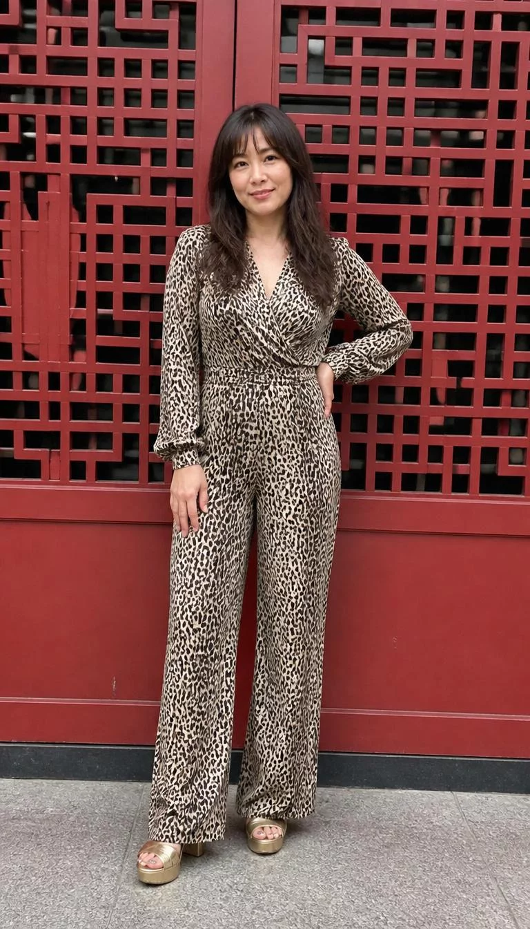 A photorealistic full body shot of a 41-year-old East Asian woman with a oval face, light, straight nose, softly curved eyebrows, and full lips. Her face features uneven eyebrows, faint under-eye shadows, and subtle natural facial asymmetry. She has deep-set amber eyes, rounded cheeks, neutral expression, playful. She is average build with dark brown layered hair and bangs hair and is wearing a leopard-print long-sleeved jumpsuit and gold platform sandals, red lattice wall, no people in the background, high-quality mobile photography, shot on an iPhone 14.