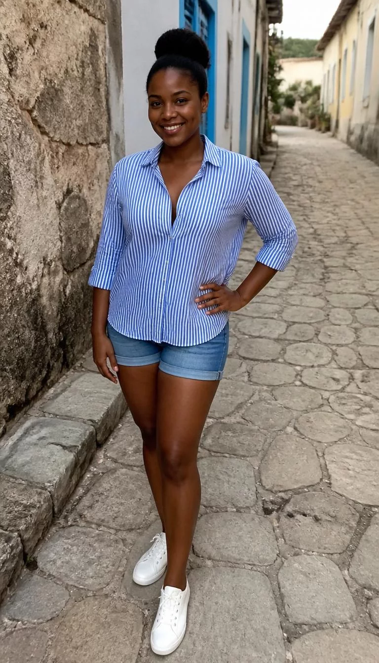 A photorealistic full body shot of a 37-year-old Afro-Caribbean woman with a heart-shaped face, light, narrow nose, straight eyebrows, and wide lips. Her face features dimples, subtle acne marks, and subtle natural facial asymmetry. She has deep-set brown eyes, soft cheekbones, broad smile, playful. She is average build with dark hair and is wearing a blue-striped button-up shirt and denim shorts, stands on a stone street, no people in the background, high-quality mobile photography, shot on an iPhone 14.