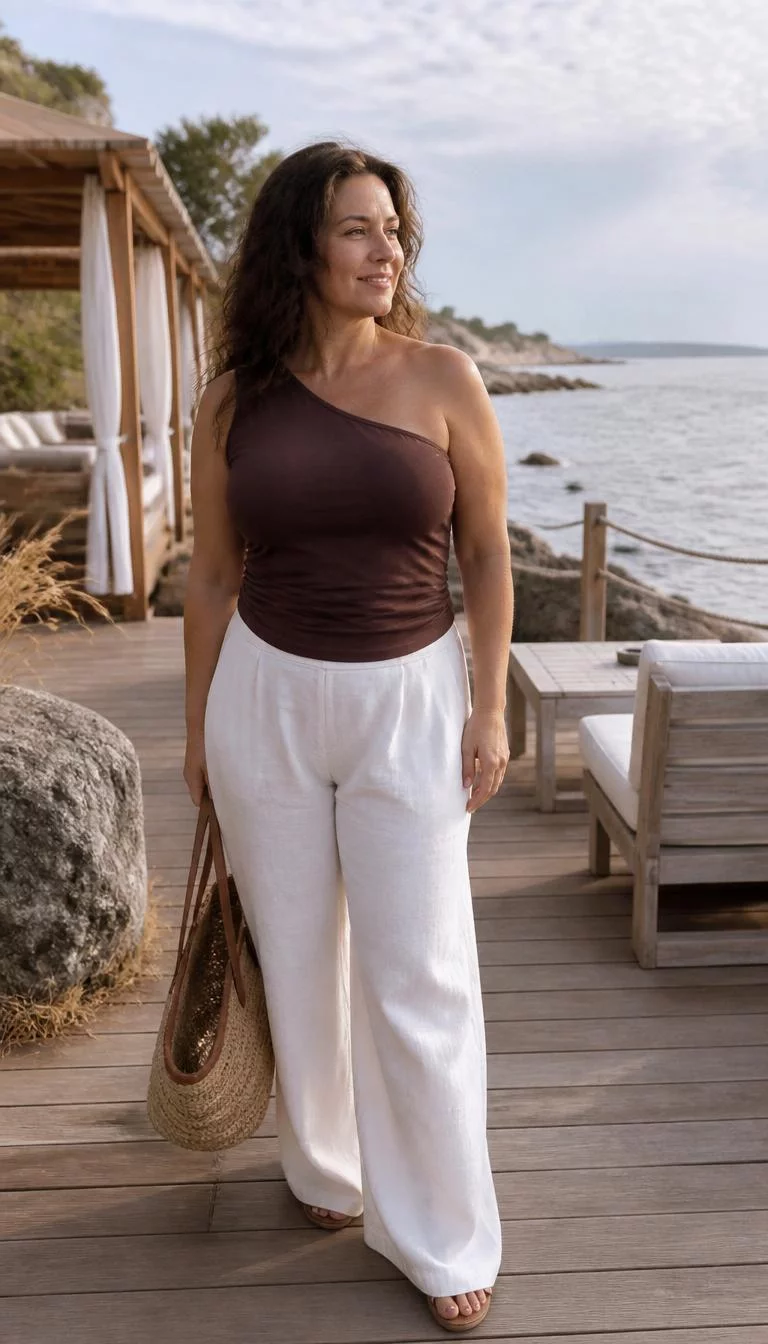 A photorealistic full body shot of a 43-year-old Eastern European woman with a round face, tan, narrow nose, straight eyebrows, and full lips. Her face features beauty mark near the lip, subtle acne marks, and subtle natural facial asymmetry. She has upturned blue eyes, soft cheekbones, subtle smile, thoughtful. She is curvy build with wavy brown hair and is wearing a dark brown one-shoulder top and wide-leg white trousers, she carries a straw bag, a scenic waterfront beach club setting, no people in the background, high-quality mobile photography, shot on an iPhone 14.