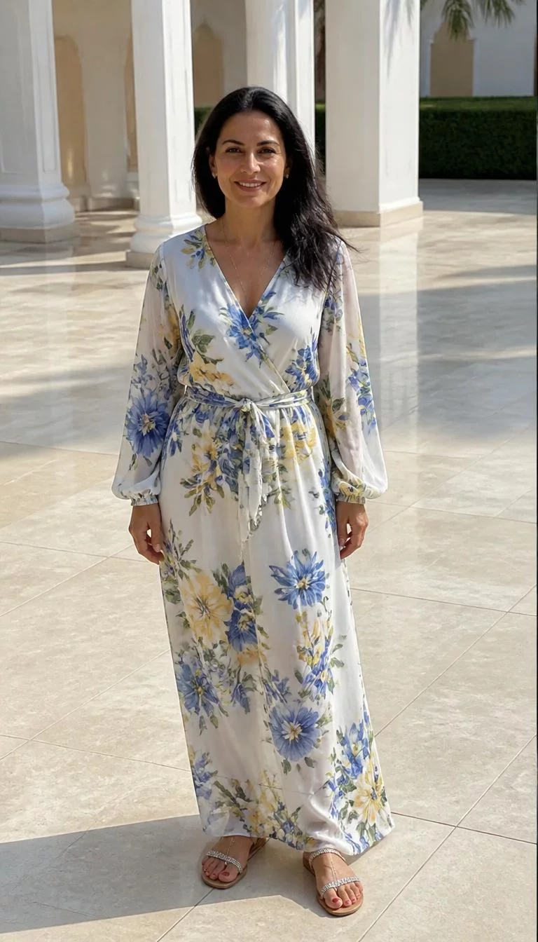 A photorealistic full body shot of a 48-year-old Eastern European woman with a diamond face, deep brown, narrow nose, softly curved eyebrows, and heart-shaped lips. Her face features small scar on the eyebrow, visible pores, and subtle natural facial asymmetry. She has deep-set brown eyes, pronounced cheekbones, broad smile, relaxed. She is slim with dark hair and is wearing a white floral dress with blue, yellow, and green accents, stands in a bright, tiled courtyard with large white pillars, no people in the background, high-quality mobile photography, shot on an iPhone 14.