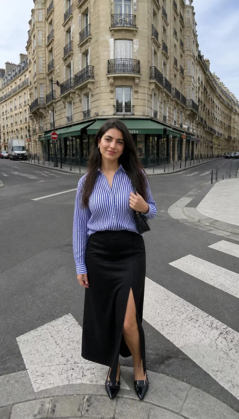 Striped Shirt and Black Slit Skirt at the Intersection A photorealistic full body shot of a 25-year-old Middle Eastern woman with a square face, fair, upturned nose, softly curved eyebrows, and full lips. Her face features uneven eyebrows, light freckles, and subtle natural facial asymmetry. She has hooded green eyes, pronounced cheekbones, closed-mouth smile, relaxed. She is curvy build with dark hair long straight hair and is wearing a blue and white striped shirt and a long black skirt with a front slit, a intersection in Paris, no people in the background, high-quality mobile photography, shot on an iPhone 14.