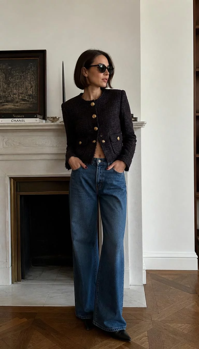 Dark Tweed Cropped Jacket and Wide Leg Jeans A photorealistic full body shot of a 33-year-old Eastern European woman with a oblong face, dark brown, button nose, feathered eyebrows, and wide lips. Her face features gap between front teeth, visible pores, and subtle natural facial asymmetry. She has almond-shaped amber eyes, pronounced cheekbones, subtle smile, thoughtful. She is petite with a short brown bob hair and is wearing a dark tweed-style cropped jacket with gold buttons, paired with wide-leg blue jeans, black sunglasses, standing indoors by a fireplace, no people in the background, high-quality mobile photography, shot on an iPhone 14.