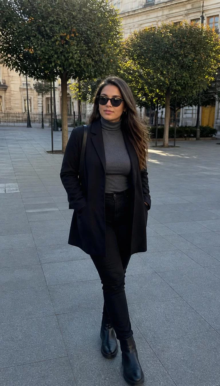 Grey Turtleneck and Black Jeans in the Square A photorealistic full body shot of a 25-year-old Latina woman with a oval face, deep brown, narrow nose, thick natural eyebrows, and heart-shaped lips. Her face features uneven eyebrows, faint under-eye shadows, and subtle natural facial asymmetry. She has upturned brown eyes, soft cheekbones, subtle smile, relaxed. She is curvy build with brown long hair hair and is wearing a grey turtleneck, a black coat, and black jeans, black sunglasses, a square with decorative trees in the background, no people in the background, high-quality mobile photography, shot on an iPhone 14.