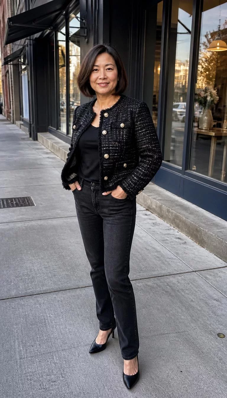 Black Tweed Jacket and Dark Jeans by the Windows A photorealistic full body shot of a 47-year-old East Asian woman with a oblong face, dark brown, broad nose, softly curved eyebrows, and heart-shaped lips. Her face features gap between front teeth, visible pores, and subtle natural facial asymmetry. She has monolid brown eyes, pronounced cheekbones, closed-mouth smile, confident. She is average build with dark brunette bob hair and is wearing a black tweed jacket, a black top, and dark jeans, a sidewalk in front of shop windows in a city, no people in the background, high-quality mobile photography, shot on an iPhone 14.