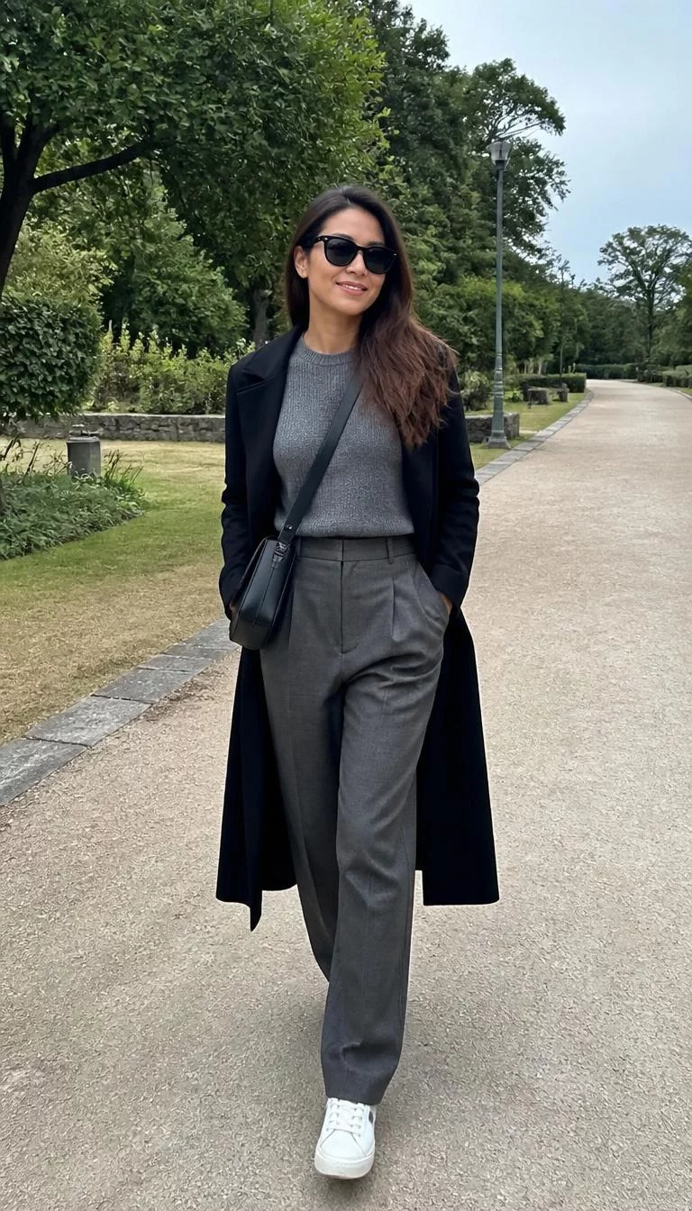 Grey Sweater and Trousers with a Crossbody Bag A photorealistic full body shot of a 32-year-old Southeast Asian woman with a oblong face, tan, rounded nose, thick natural eyebrows, and thin lips. Her face features slightly crooked smile, a few laugh lines, and subtle natural facial asymmetry. She has hooded dark brown eyes, pronounced cheekbones, broad smile, relaxed. She is athletic build with brown long hair hair and is wearing a grey sweater tucked into grey trousers with a black coat and a crossbody bag, black sunglasses, a outdoor park, no people in the background, high-quality mobile photography, shot on an iPhone 14.