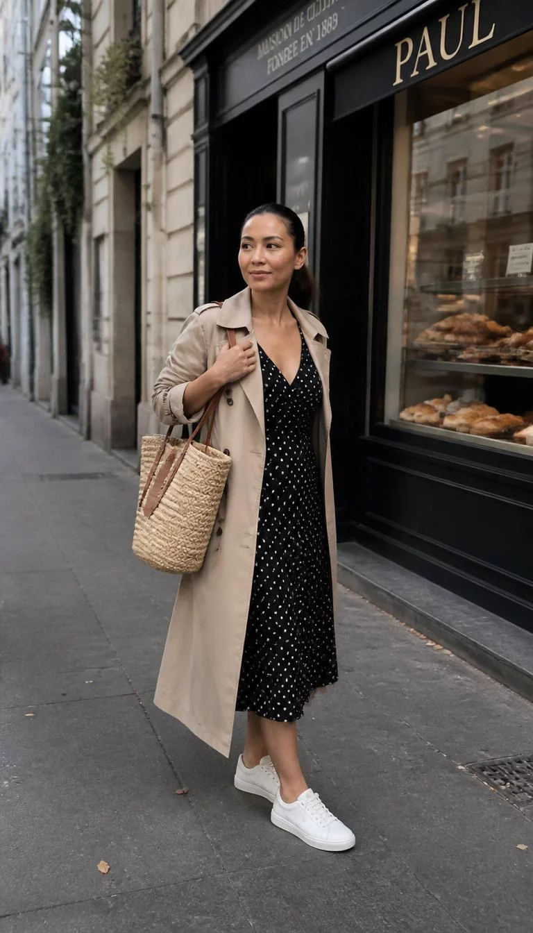 Trench Coat and Polka Dot Dress by the Bakery A photorealistic full body shot of a 36-year-old Southeast Asian woman with a diamond face, golden brown, straight nose, feathered eyebrows, and thin lips. Her face features small scar on the eyebrow, subtle acne marks, and subtle natural facial asymmetry. She has upturned green eyes, high cheekbones, subtle smile, confident. She is athletic build with ponytail hair and is wearing a trench coat over a black dress with white polka dots, carrying a large straw bag, a city sidewalk near a bakery, no people in the background, high-quality mobile photography, shot on an iPhone 14.