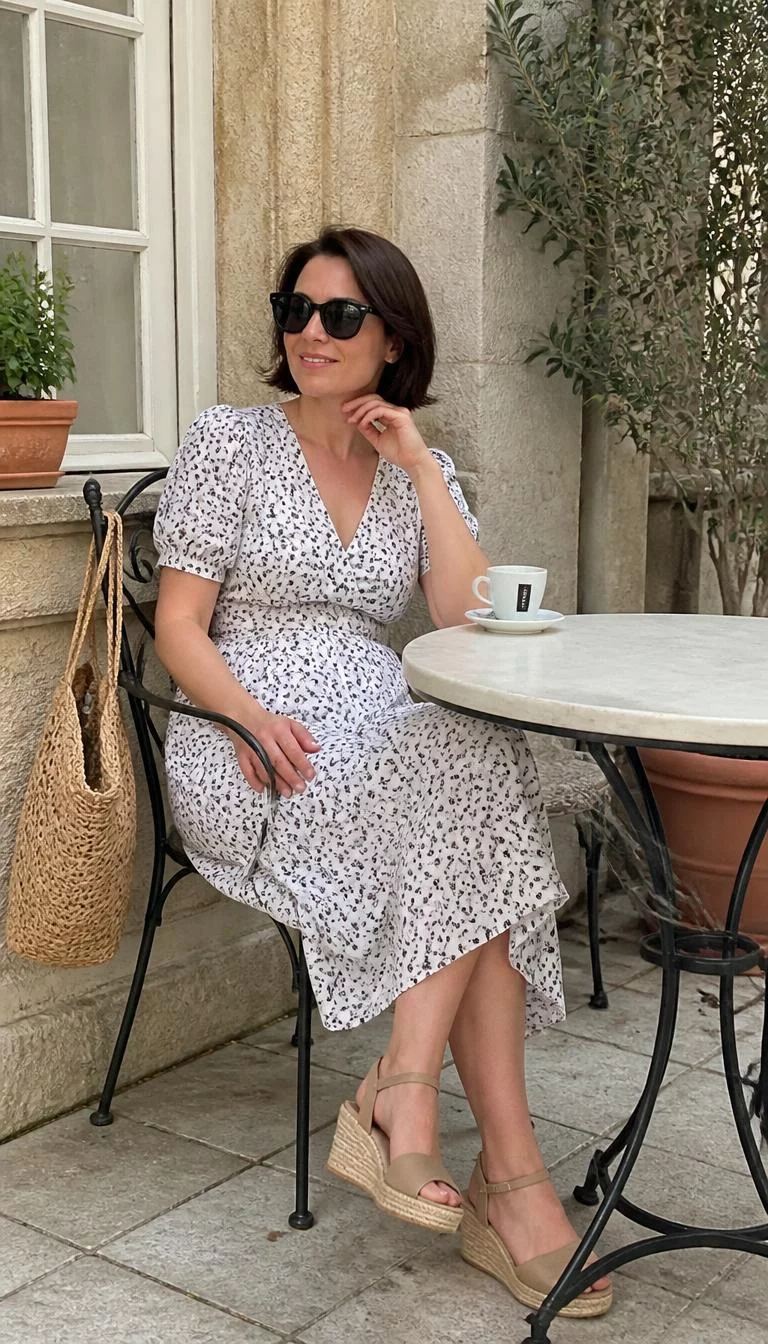 White Patterned Midi Dress and Straw Bag at the Bistro Table A photorealistic full body shot of a 37-year-old Northern European woman with a oblong face, light, button nose, straight eyebrows, and wide lips. Her face features widow's peak hairline, a few laugh lines, and subtle natural facial asymmetry. She has monolid blue eyes, rounded cheeks, closed-mouth smile, thoughtful. She is average build with brunette short bob hair and is wearing a white patterned midi dress, a straw bag, and wedge sandals, black sunglasses, sitting at a cafe table outdoors, no people in the background, high-quality mobile photography, shot on an iPhone 14.