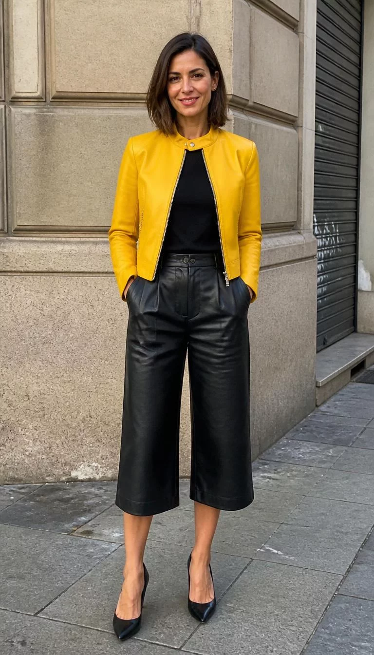 Yellow Jacket with Leather Culottes and Houndstooth Coat A photorealistic full body shot of a 37-year-old Southern European woman with a oblong face, tan, button nose, thin arched eyebrows, and heart-shaped lips. Her face features dimples, a few laugh lines, and subtle natural facial asymmetry. She has deep-set green eyes, high cheekbones, broad smile, relaxed. She is athletic build with brunette mid-length bob hair and is wearing a yellow jacket and leather culottes, a city street, no people in the background, high-quality mobile photography, shot on an iPhone 14.