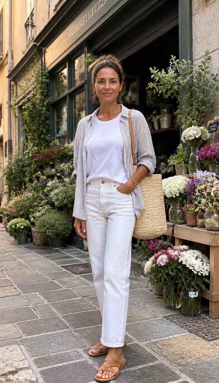 Striped Shirt and White Jeans at the Flower Shop A photorealistic full body shot of a 47-year-old Mediterranean woman with a square face, olive, straight nose, thick natural eyebrows, and wide lips. Her face features widow's peak hairline, faint under-eye shadows, and subtle natural facial asymmetry. She has monolid amber eyes, pronounced cheekbones, broad smile, confident. She is slim with brown hair in a bun hair and is wearing a white t-shirt, striped button-down shirt, white jeans, and a straw tote bag, a flower shop on a street, no people in the background, high-quality mobile photography, shot on an iPhone 14.