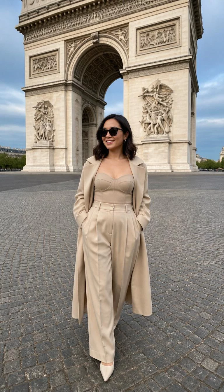 Beige Matching Set with a Draped Long Coat A photorealistic full body shot of a 30-year-old Southeast Asian woman with a pear-shaped face, tan, aquiline nose, straight eyebrows, and full lips. Her face features gap between front teeth, a few laugh lines, and subtle natural facial asymmetry. She has hooded brown eyes, soft cheekbones, broad smile, playful. She is curvy build with dark shoulder-length hair hair and is wearing a beige matching set with a long coat draped over her shoulders, black sunglasses, the Arc de Triomphe, no people in the background, high-quality mobile photography, shot on an iPhone 14.