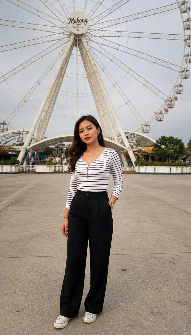 Striped Long Sleeve Top and Black Trousers at the Tuileries A photorealistic full body shot of a 30-year-old Southeast Asian woman with a oval face, fair, aquiline nose, straight eyebrows, and full lips. Her face features uneven eyebrows, a few laugh lines, and subtle natural facial asymmetry. She has downturned hazel eyes, pronounced cheekbones, subtle smile, thoughtful. She is average build with brown wavy hair hair and is wearing a striped long-sleeve top and black trousers, red lipstick, a Ferris wheel in the background, no people in the background, high-quality mobile photography, shot on an iPhone 14.