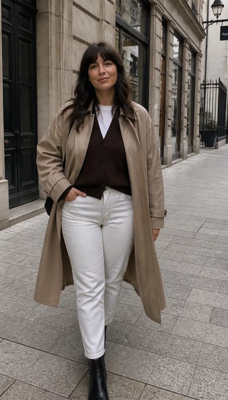 White T-Shirt, White Jeans, and a Trench Coat Layer A photorealistic full body shot of a 35-year-old Northern European woman with a oblong face, deep brown, button nose, thick natural eyebrows, and thin lips. Her face features widow's peak hairline, visible pores, and subtle natural facial asymmetry. She has round hazel eyes, high cheekbones, closed-mouth smile, playful. She is curvy build with dark wavy hair with bangs hair and is wearing a white t-shirt, white jeans, a trench coat, and a dark brown sweater, a paved city sidewalk, no people in the background, high-quality mobile photography, shot on an iPhone 14.