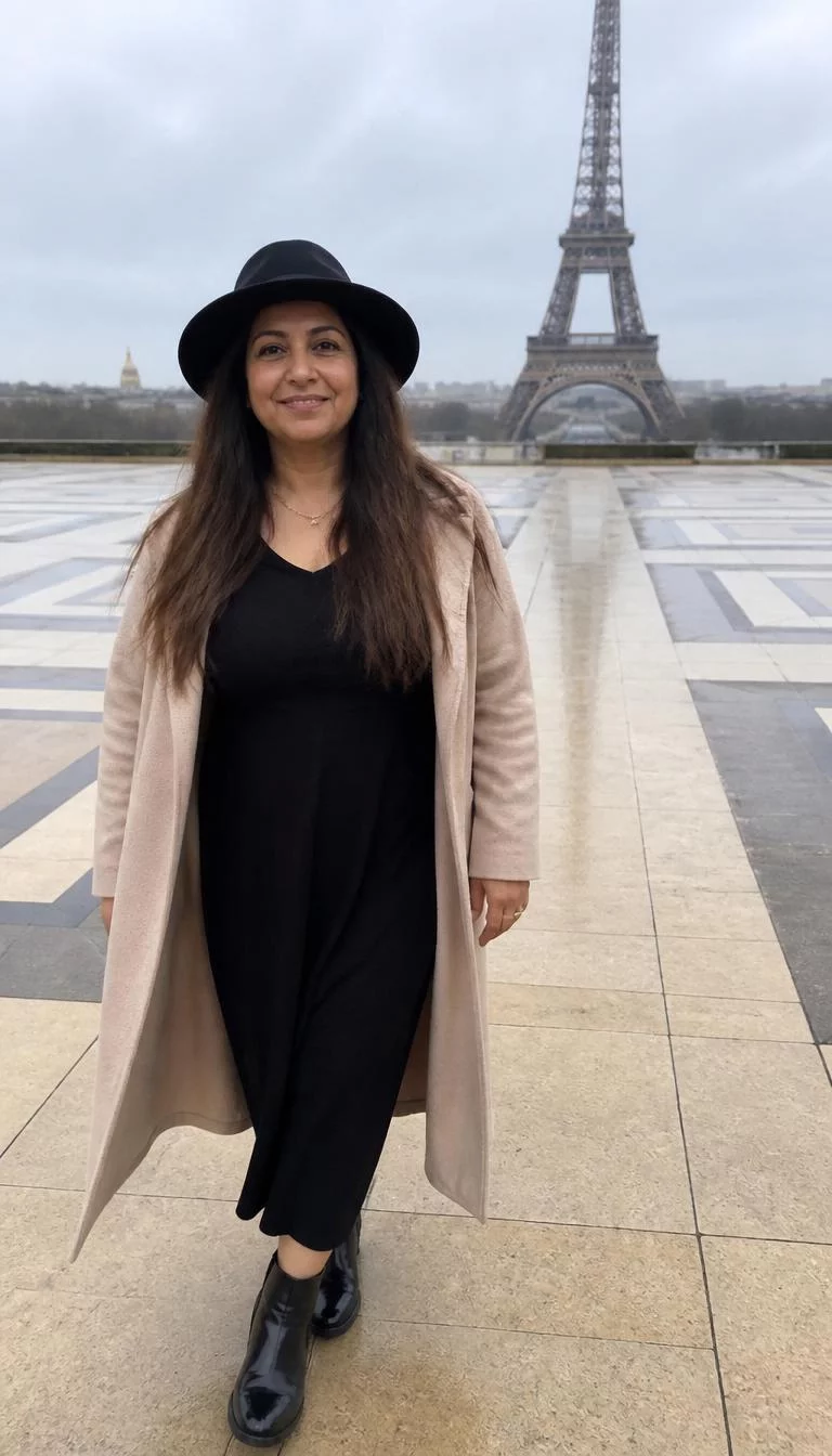 Black Dress and Beige Coat with a Classic Hat A photorealistic full body shot of a 40-year-old Middle Eastern woman with a round face, dark brown, narrow nose, thick natural eyebrows, and full lips. Her face features slightly crooked smile, visible pores, and subtle natural facial asymmetry. She has upturned blue eyes, rounded cheeks, closed-mouth smile, relaxed. She is curvy build with brown long straight hair hair and is wearing a black hat, a black dress, and a beige coat, the Eiffel Tower in the background, no people in the background, high-quality mobile photography, shot on an iPhone 14.