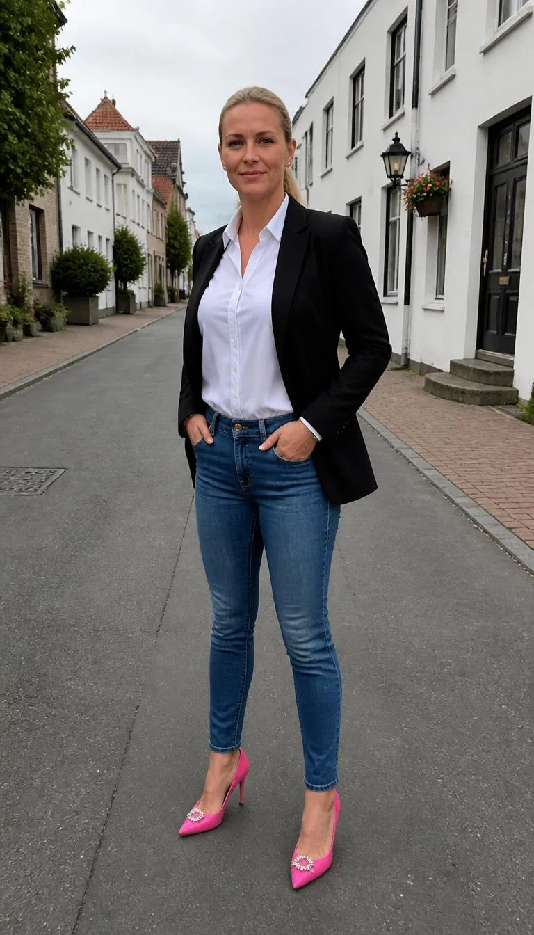 White Button Down and Pink Heels on the Street A photorealistic full body shot of a 46-year-old Northern European woman with a oval face, deep brown, aquiline nose, thick natural eyebrows, and full lips. Her face features slightly crooked smile, subtle acne marks, and subtle natural facial asymmetry. She has monolid hazel eyes, high cheekbones, closed-mouth smile, confident. She is petite with blonde hair with a sleek ponytail hair and is wearing a crisp white button-down shirt tucked into blue jeans, paired with a black blazer and bright pink heels, a street, no people in the background, high-quality mobile photography, shot on an iPhone 14.