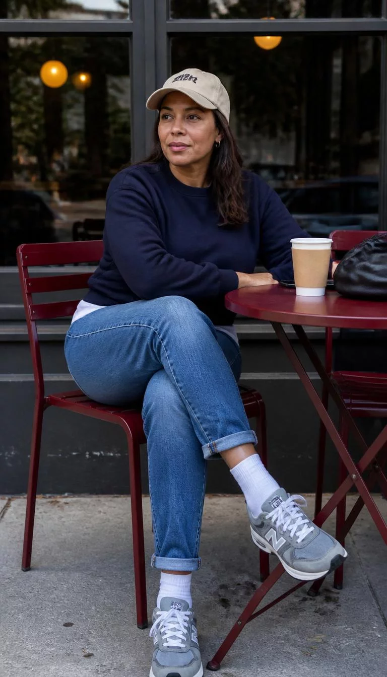Navy Blue Sweatshirt And Beige Baseball Cap A photorealistic full body shot of a 40-year-old Mixed-race woman with a square face, deep brown, broad nose, feathered eyebrows, and full lips. Her face features beauty mark near the lip, visible pores, and subtle natural facial asymmetry. She has deep-set brown eyes, soft cheekbones, neutral expression, confident. She is average build with brunette hair under a beige baseball cap and is wearing a navy blue sweatshirt over a white tee, blue jeans, and gray sneakers, sitting at a sidewalk café table, no people in the background, high-quality mobile photography, shot on an iPhone 14.