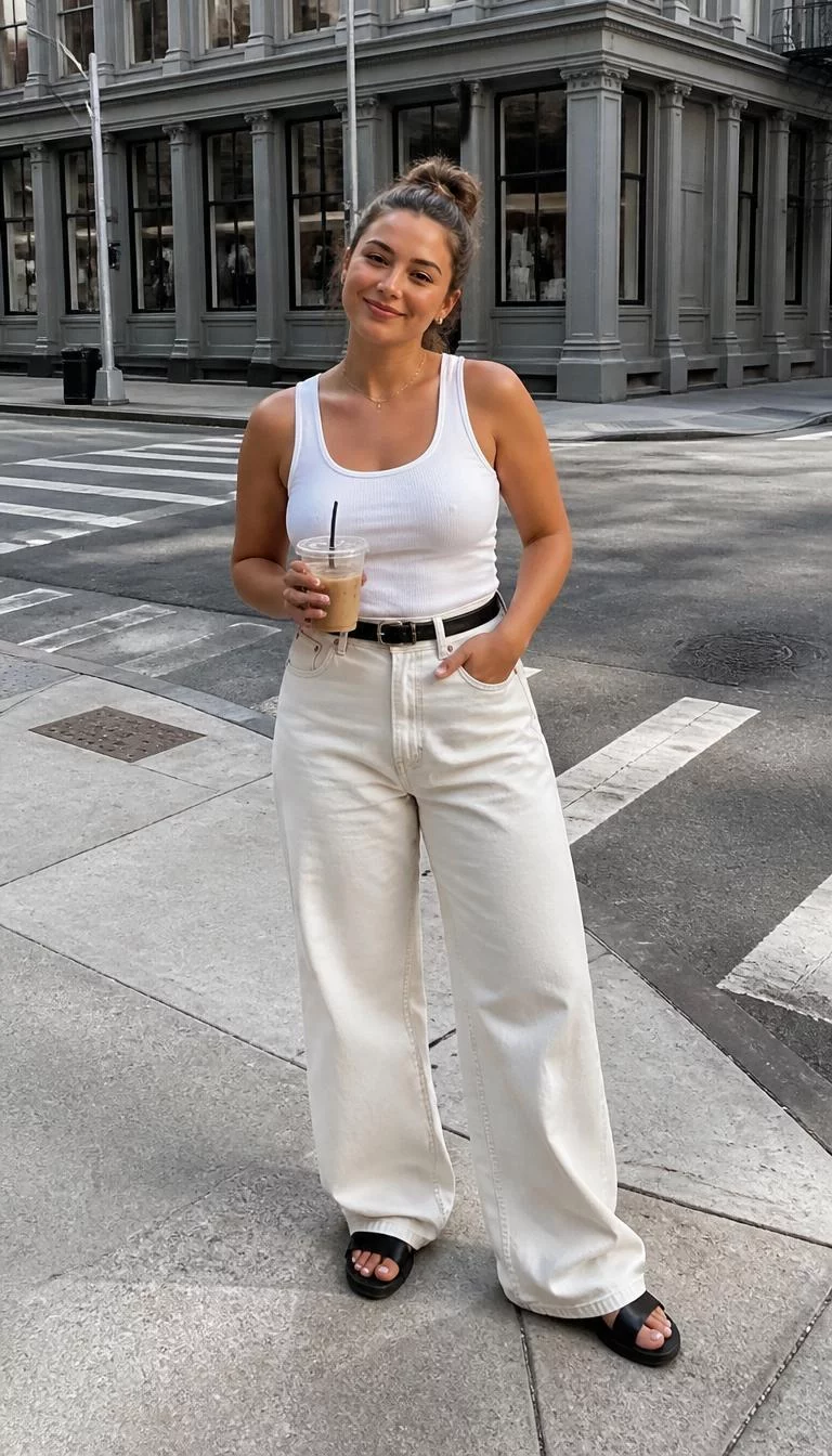 White Tank Top And Cream Wide Leg Jeans A photorealistic full body shot of a 33-year-old Eastern European woman with a round face, deep brown, button nose, softly curved eyebrows, and wide lips. Her face features dimples, slightly flushed cheeks, and subtle natural facial asymmetry. She has monolid hazel eyes, high cheekbones, closed-mouth smile, cheerful. She is average build with brunette hair in a messy bun and is wearing a white tank top, cream wide-leg jeans, black belt, and sandals while holding an iced coffee, on a city corner, no people in the background, high-quality mobile photography, shot on an iPhone 14.