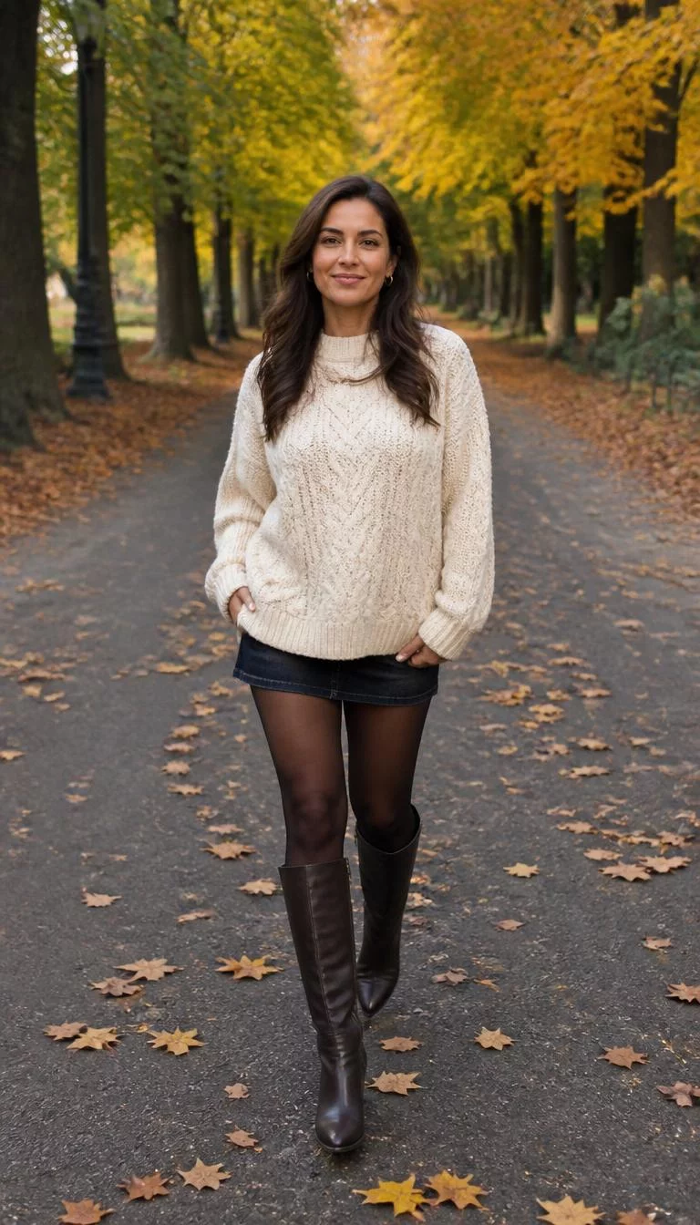 Cream Cable Knit Sweater And Denim Mini Skirt A photorealistic full body shot of a 39-year-old South Asian woman with a heart-shaped face, fair, narrow nose, softly curved eyebrows, and heart-shaped lips. Her face features dimples, light freckles, and subtle natural facial asymmetry. She has round hazel eyes, pronounced cheekbones, neutral expression, confident. She is slim with brunette hair in loose waves hair and is wearing a large cream cable-knit sweater, denim mini skirt, sheer black tights, and knee-high boots, walking along an autumn-foliage tree-lined path, no people in the background, high-quality mobile photography, shot on an iPhone 14.