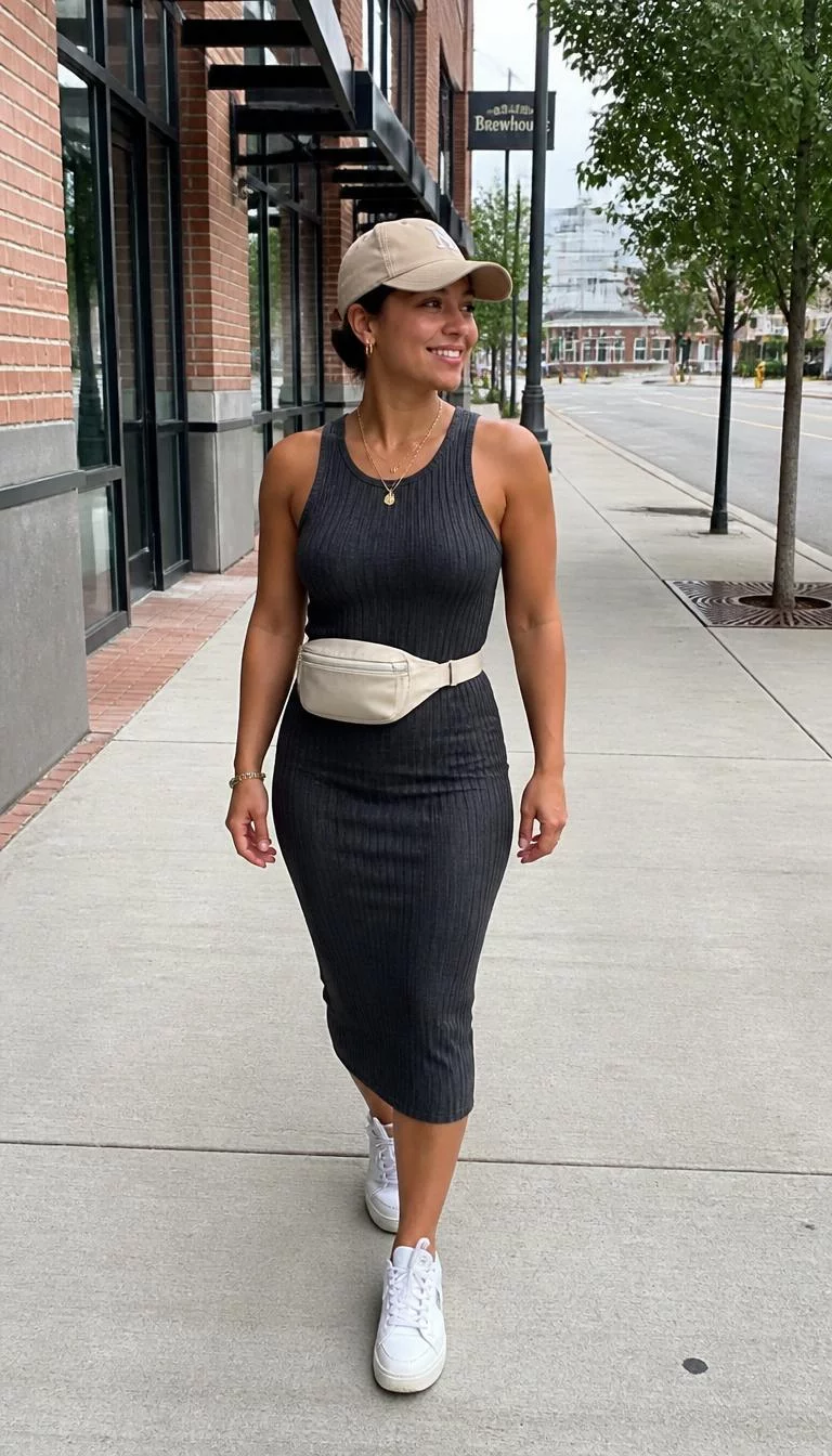 Dark Grey Ribbed Midi Dress And Beige Belt Bag A photorealistic full body shot of a 31-year-old Latina woman with a pear-shaped face, golden brown, straight nose, softly curved eyebrows, and full lips. Her face features gap between front teeth, subtle acne marks, and subtle natural facial asymmetry. She has hooded gray eyes, pronounced cheekbones, broad smile, cheerful. She is athletic build with brunette hair in a loose bun under a beige cap and is wearing a dark grey ribbed midi dress, white sneakers, and a beige belt bag, walking on a city sidewalk, no people in the background, high-quality mobile photography, shot on an iPhone 14.