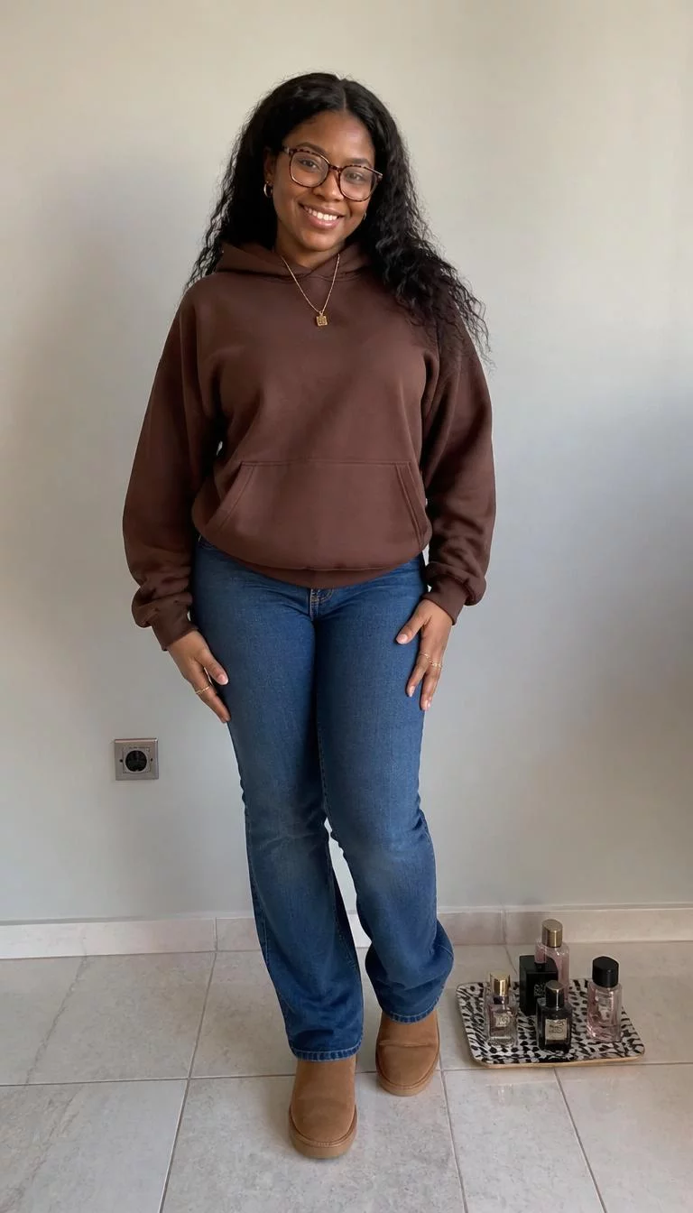 Brown Hoodie And Blue Jeans With Ugg Style Boots A photorealistic full body shot of a 23-year-old Black African woman with a oval face, light, aquiline nose, feathered eyebrows, and wide lips. Her face features uneven eyebrows, slightly flushed cheeks, and subtle natural facial asymmetry. She has upturned dark brown eyes, soft cheekbones, broad smile, cheerful. She is curvy build with black curly hair and is wearing a brown hoodie, blue jeans, brown Ugg-style boots, gold jewelry, tortoise-shell glasses, flat lay with perfume, no people in the background, high-quality mobile photography, shot on an iPhone 14.
