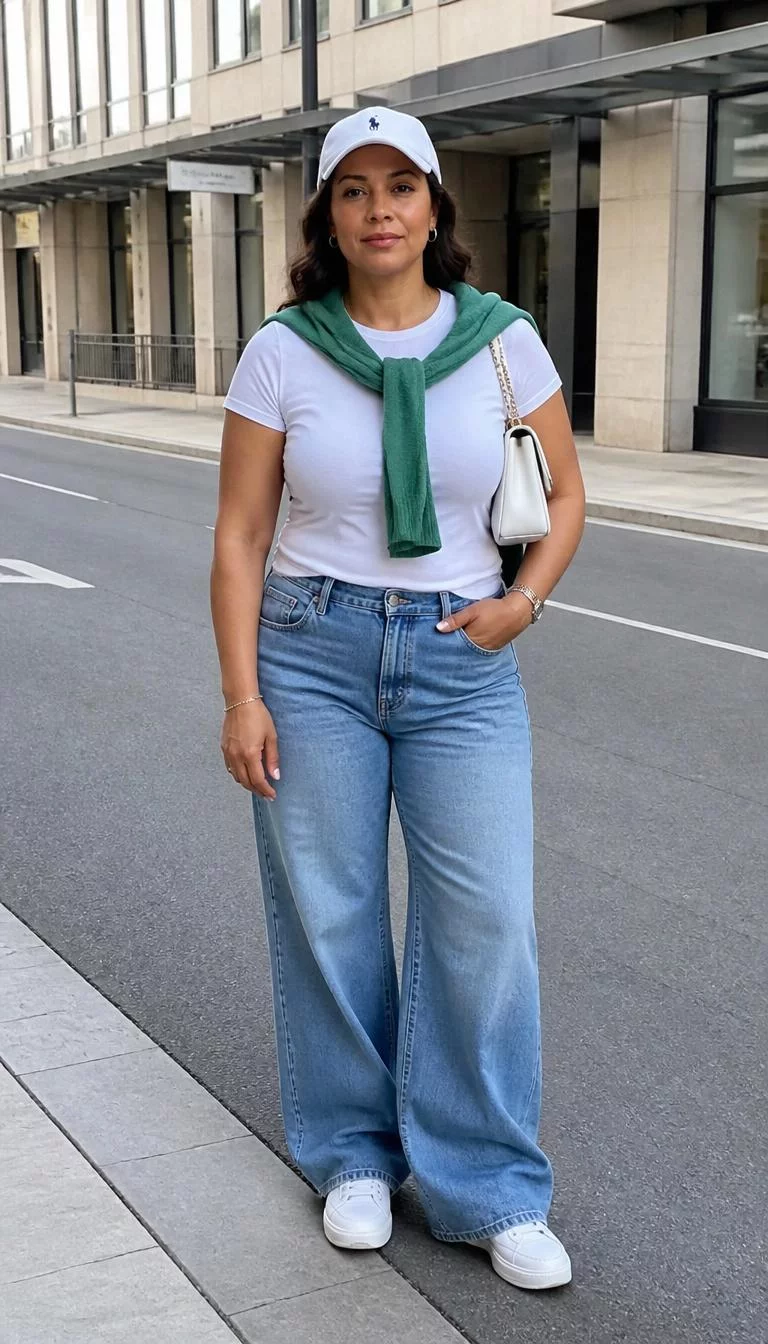 Green Draped Sweater And Wide Leg Blue Jeans A photorealistic full body shot of a 41-year-old Mixed-race woman with a square face, dark brown, button nose, softly curved eyebrows, and full lips. Her face features dimples, faint under-eye shadows, and subtle natural facial asymmetry. She has hooded hazel eyes, high cheekbones, neutral expression, relaxed. She is curvy build with brunette hair under a white baseball cap and is wearing a white tee, draped green sweater, blue wide-leg jeans, white sneakers, and a white chain-strap bag, on a city street, no people in the background, high-quality mobile photography, shot on an iPhone 14.