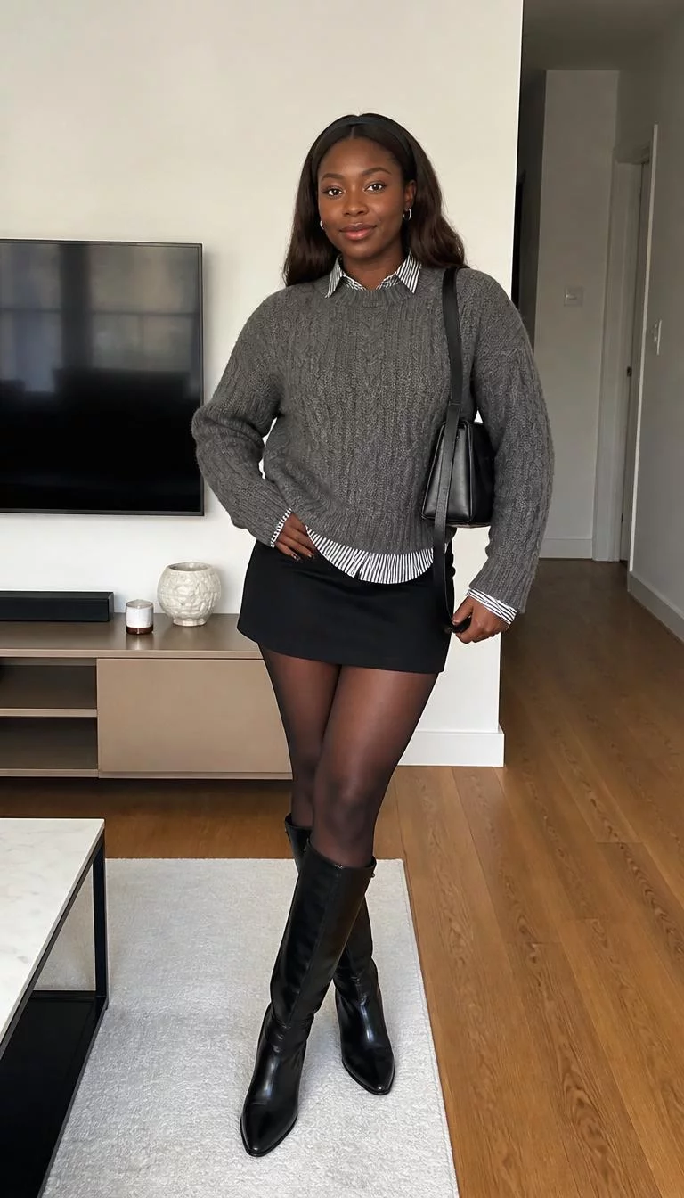 Grey Cable Knit Sweater And Striped Button Down A photorealistic full body shot of a 31-year-old Black African woman with a oval face, dark brown, narrow nose, feathered eyebrows, and wide lips. Her face features beauty mark near the lip, a few laugh lines, and subtle natural facial asymmetry. She has round dark brown eyes, high cheekbones, closed-mouth smile, relaxed. She is curvy build with brunette hair with a headband hair and is wearing a grey cable-knit sweater over a striped button-down, black mini skirt, sheer tights, and tall leather boots, in a bright living room, no people in the background, high-quality mobile photography, shot on an iPhone 14.