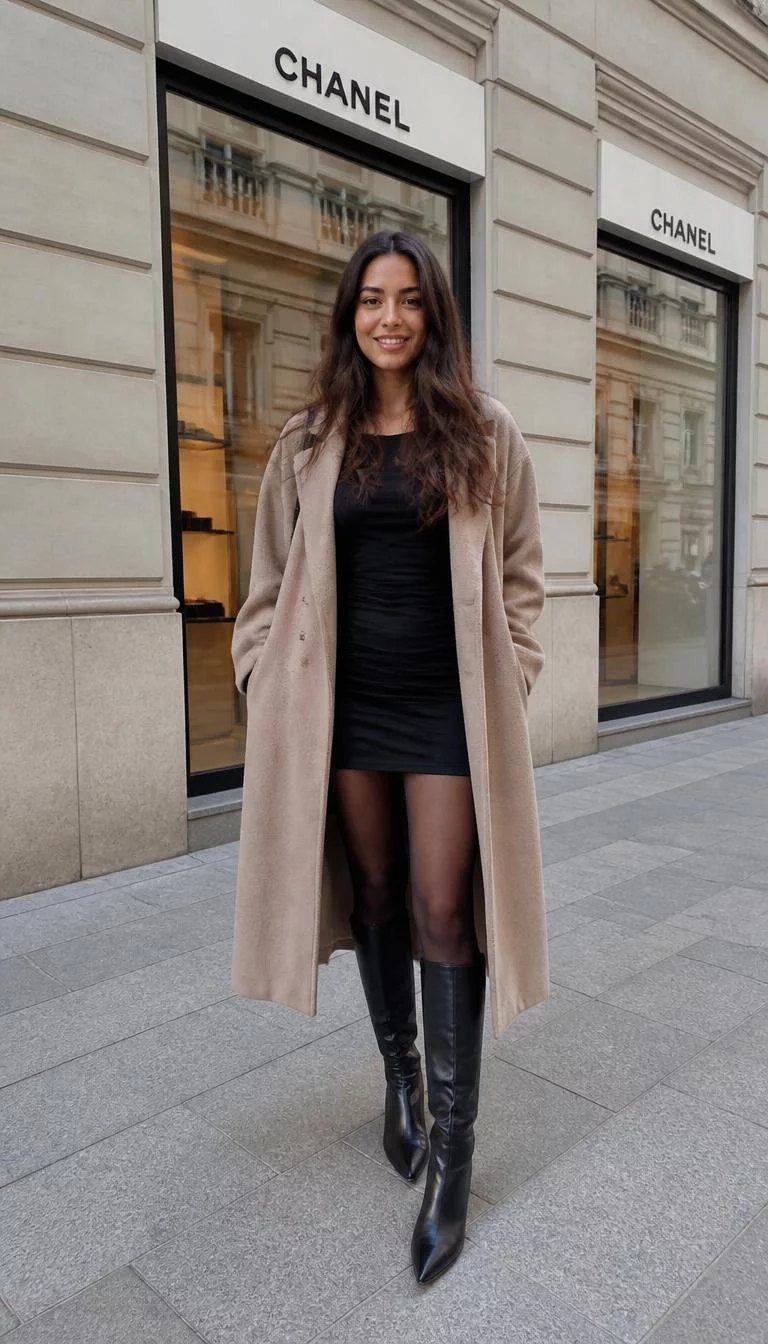 Beige Coat And Knee High Leather Boots A photorealistic full body shot of a 28-year-old Southern European woman with a oblong face, olive, narrow nose, straight eyebrows, and full lips. Her face features beauty mark near the lip, visible pores, and subtle natural facial asymmetry. She has deep-set amber eyes, pronounced cheekbones, broad smile, relaxed. She is average build with brunette loose waves hair and is wearing a long beige coat, black mini dress, sheer tights, and knee-high leather boots, in front of a Chanel store in a European city, no people in the background, high-quality mobile photography, shot on an iPhone 14.
