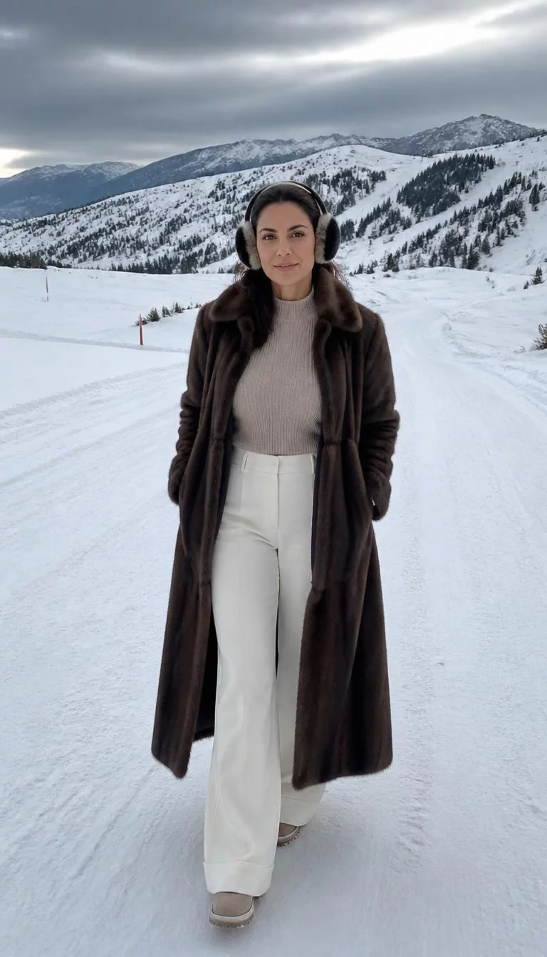 Long Brown Fur Coat And Beige Sweater A photorealistic full body shot of a 44-year-old Middle Eastern woman with a square face, deep brown, straight nose, thick natural eyebrows, and thin lips. Her face features widow's peak hairline, visible pores, and subtle natural facial asymmetry. She has round blue eyes, high cheekbones, subtle smile, relaxed. She is petite with brunette hair with earmuffs and is wearing a long brown fur coat over a beige sweater and white wide-leg trousers, in front of a snowy mountainside ski area, no people in the background, high-quality mobile photography, shot on an iPhone 14.