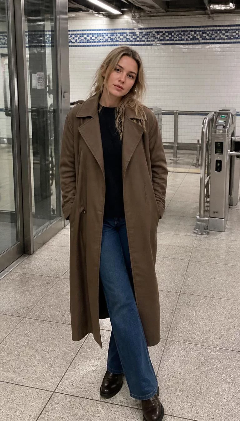 Brown Trench Coat And Blue Jeans A photorealistic full body shot of a 31-year-old Northern European woman with a oval face, fair, aquiline nose, thin arched eyebrows, and full lips. Her face features uneven eyebrows, faint under-eye shadows, and subtle natural facial asymmetry. She has downturned brown eyes, rounded cheeks, neutral expression, playful. She is average build with blonde slightly messy loose hair and is wearing a brown trench coat over a black top and blue jeans, in a subway station entry area, no people in the background, high-quality mobile photography, shot on an iPhone 14.