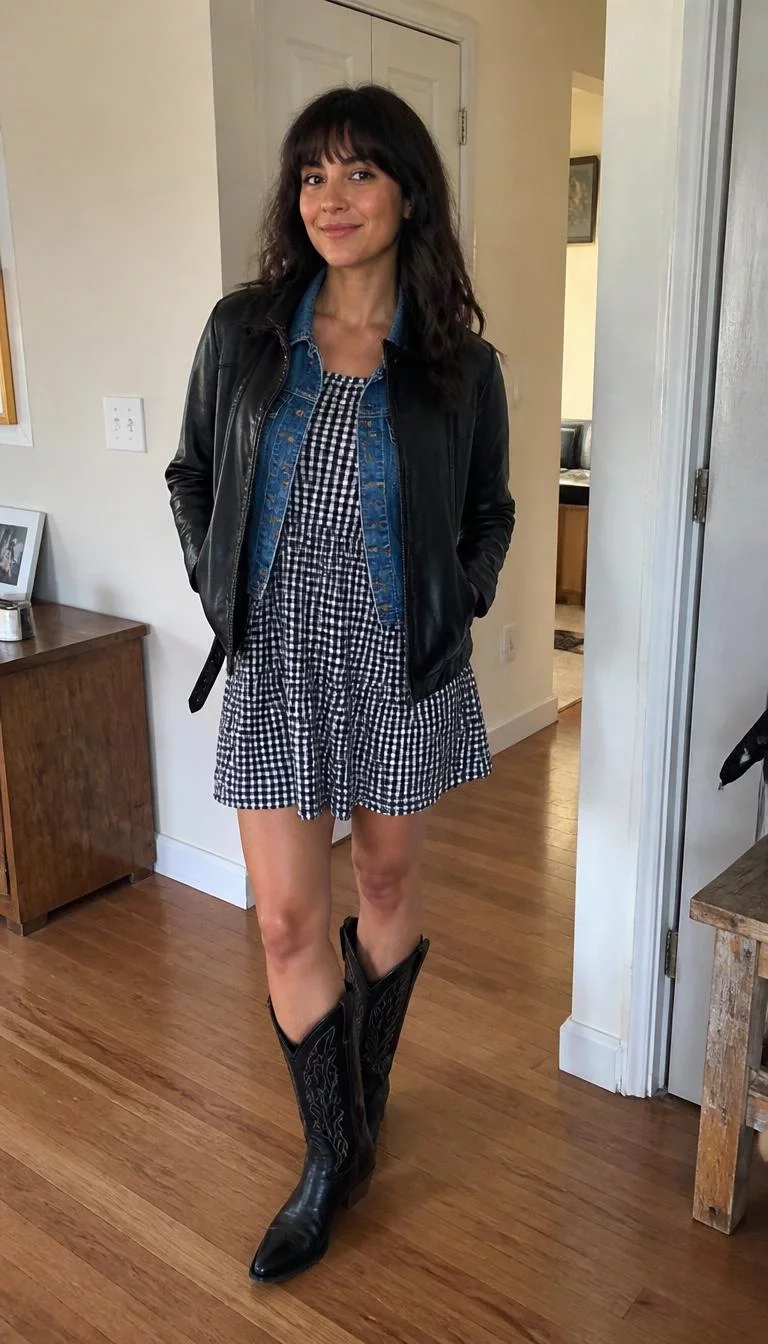 Black Leather Jacket and Gingham Dress with Cowboy Boots A photorealistic full body shot of a 29-year-old Eastern European woman with a pear-shaped face, golden brown, broad nose, thin arched eyebrows, and heart-shaped lips. Her face features dimples, a few laugh lines, and subtle natural facial asymmetry. She has deep-set brown eyes, high cheekbones, subtle smile, playful. She is slim with dark wavy hair hair with a hair featuring bangs hairstyle and is wearing a black leather jacket, a denim vest over a gingham dress, and black cowboy boots, photographed in a home interior, no people in the background, high-quality mobile photography, shot on an iPhone 14.