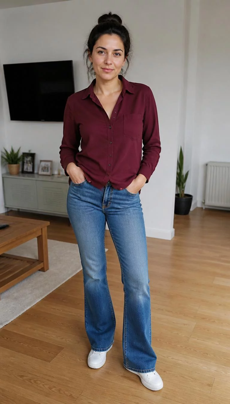 Burgundy Button Down and Flared Blue Jeans A photorealistic full body shot of a 33-year-old Eastern European woman with a oval face, deep brown, broad nose, thick natural eyebrows, and heart-shaped lips. Her face features small scar on the eyebrow, a few laugh lines, and subtle natural facial asymmetry. She has upturned gray eyes, soft cheekbones, subtle smile, relaxed. She is average build with dark hair with a loose bun hairstyle and is wearing a burgundy button-down shirt paired with flared blue jeans and white low-top sneakers in a bright home setting, no people in the background, high-quality mobile photography, shot on an iPhone 14.