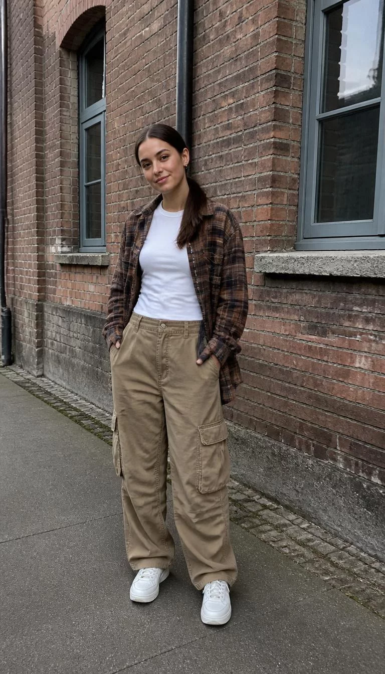White Tee and Brown Plaid Flannel with Cargo Pants A photorealistic full body shot of a 24-year-old Northern European woman with a square face, olive, straight nose, softly curved eyebrows, and wide lips. Her face features slightly crooked smile, faint under-eye shadows, and subtle natural facial asymmetry. She has upturned amber eyes, rounded cheeks, subtle smile, playful. She is athletic build with dark-brown hair with a low ponytail hairstyle and is wearing a white t-shirt, brown plaid flannel, tan baggy cargo pants, and white sneakers, standing by a brick building, no people in the background, high-quality mobile photography, shot on an iPhone 14.